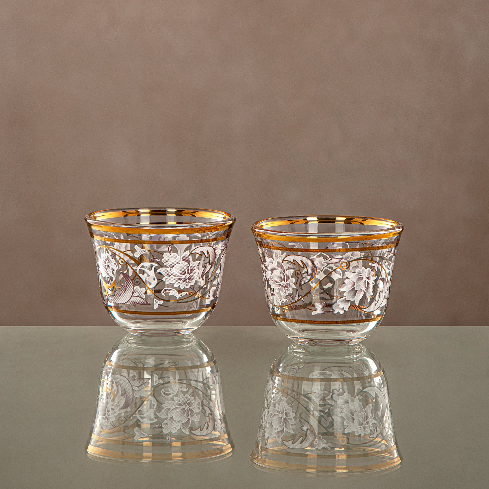 Almarjan Arabic Coffee Set 6 Pieces, Glass, Clear & Golden Pattern (1013B-ZQDL) - Family Gatherings