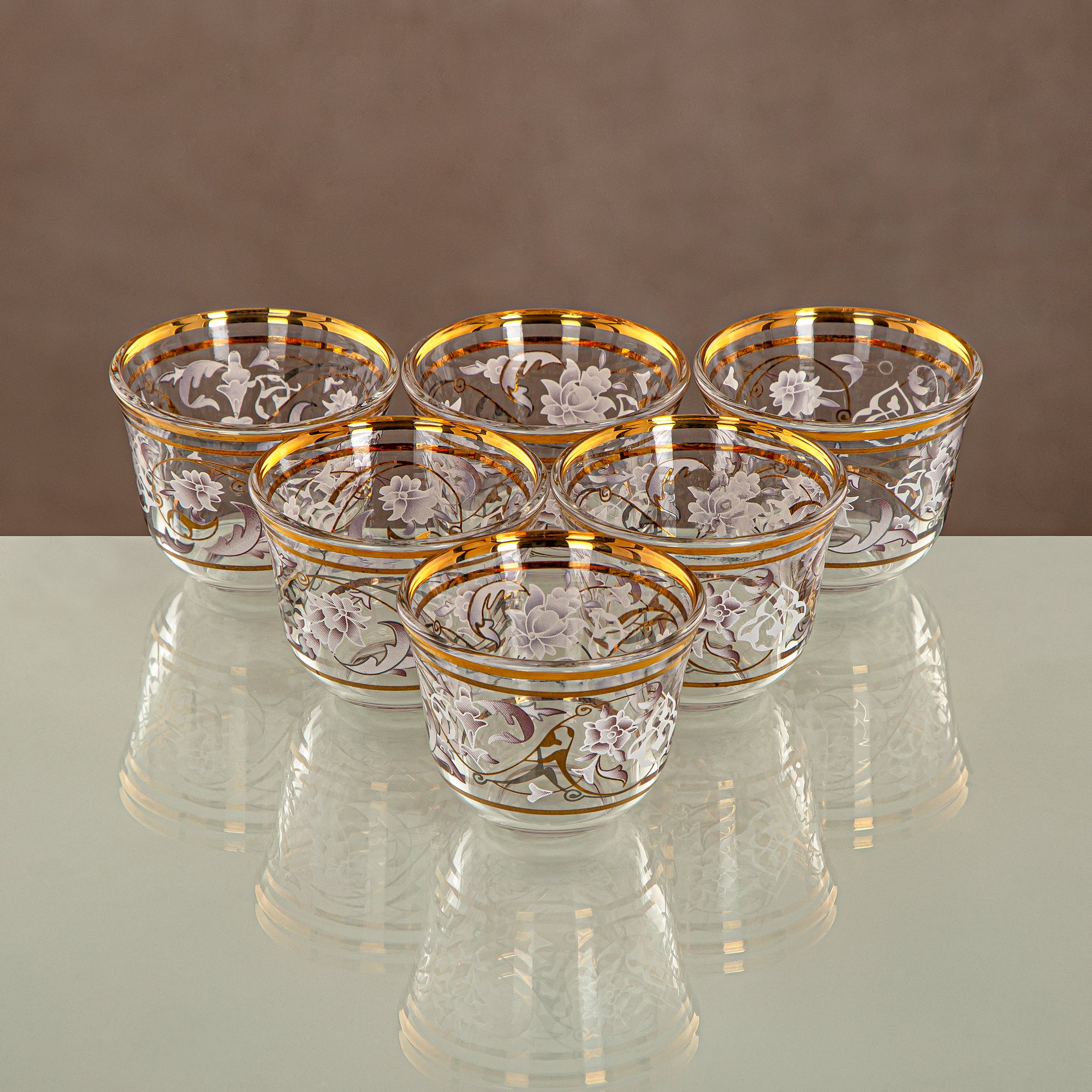 Almarjan Arabic Coffee Set 6 Pieces, Glass, Clear & Golden Pattern (1013B-ZQDL) - Family Gatherings