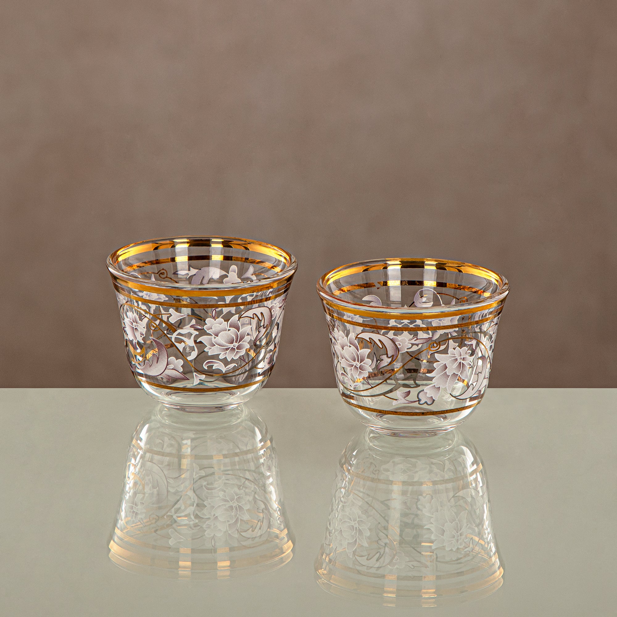 Almarjan Arabic Coffee Set 6 Pieces, Glass, Clear & Golden Pattern (1013B-ZQDL) - Family Gatherings