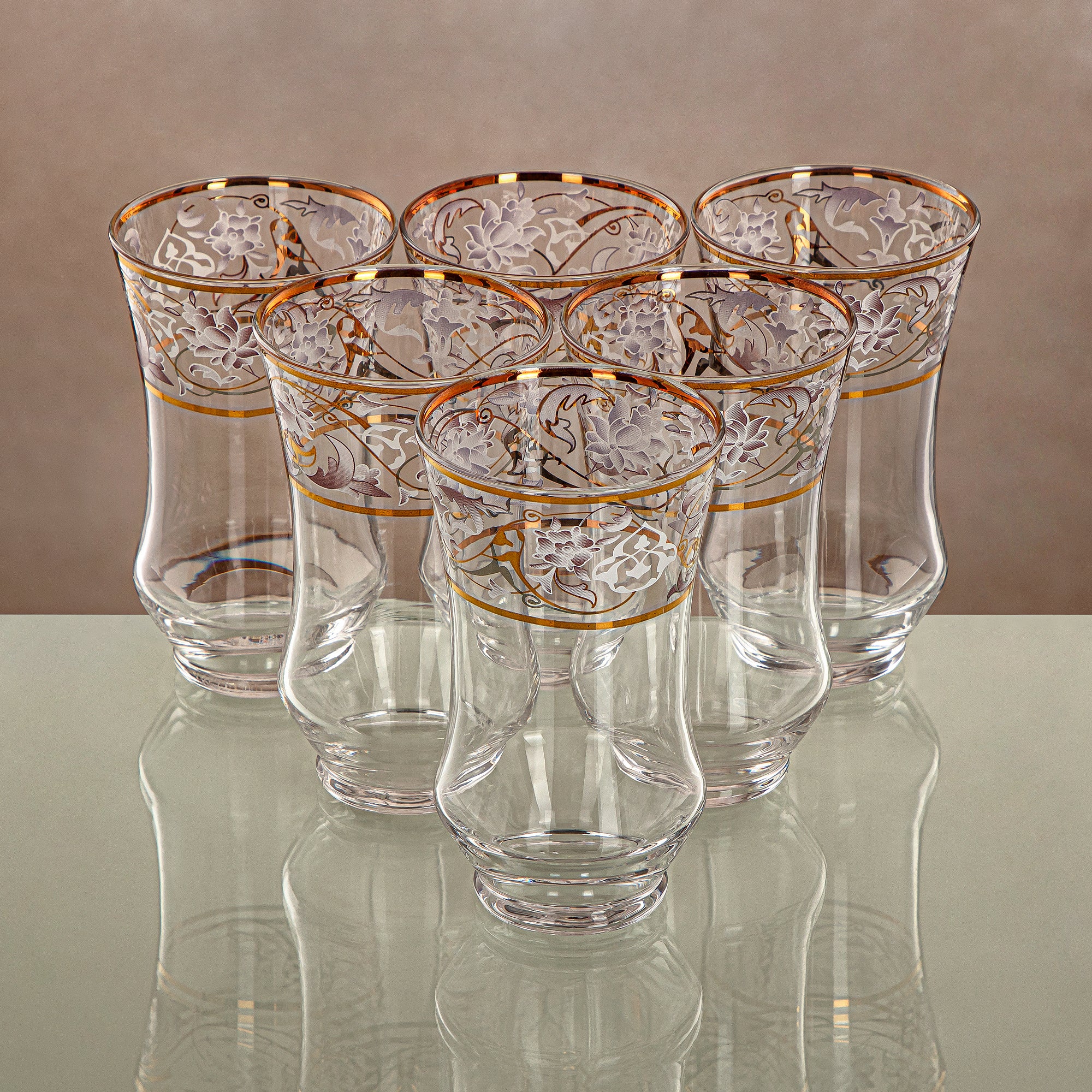 Almarjan Water Tumbler Set 6 Pieces, Glass, Clear & Golden Pattern (1152B-ZQDL) - Family Gatherings