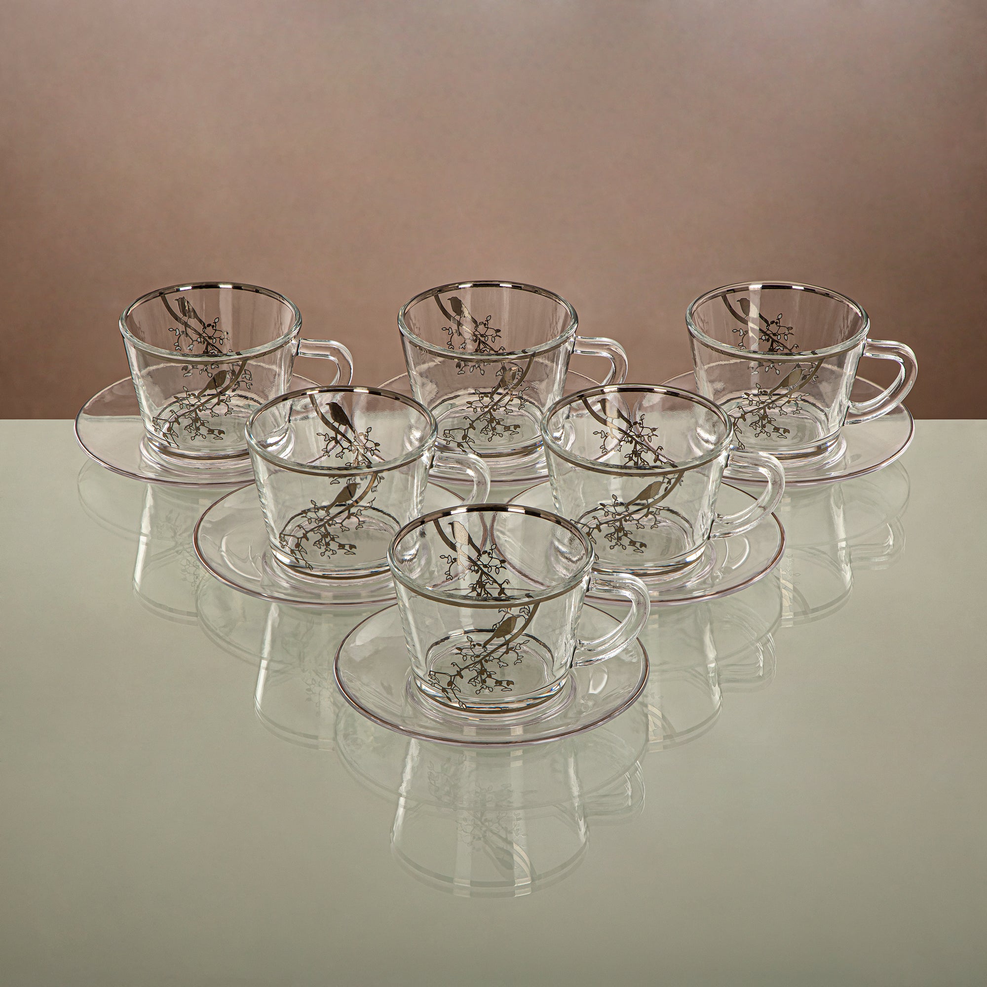 Almarjan Cup & Saucer Set Clear & silver 6 pieces (1469B-0011P-XQZT-SIL) Gatherings, special occasions, Ramadan, eid