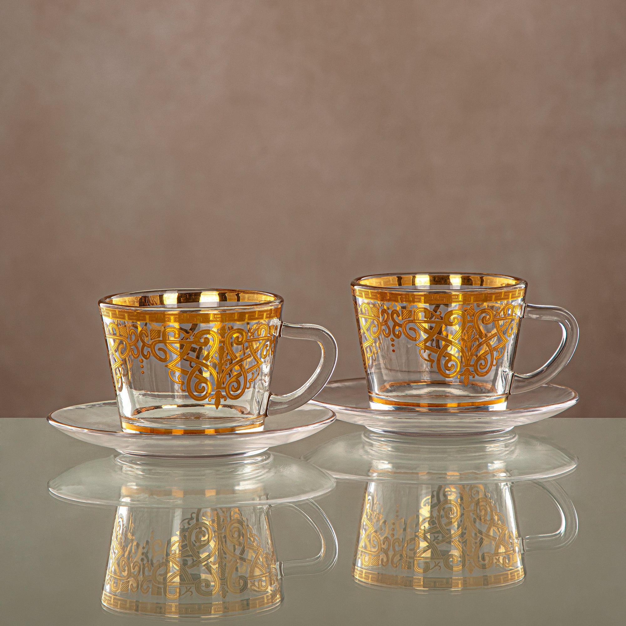 Almarjan Cup & Saucer Set Clear & Gold 6 pieces (1469B-0011P-YCS-GLD) Gatherings, special occasions, Ramadan, eid