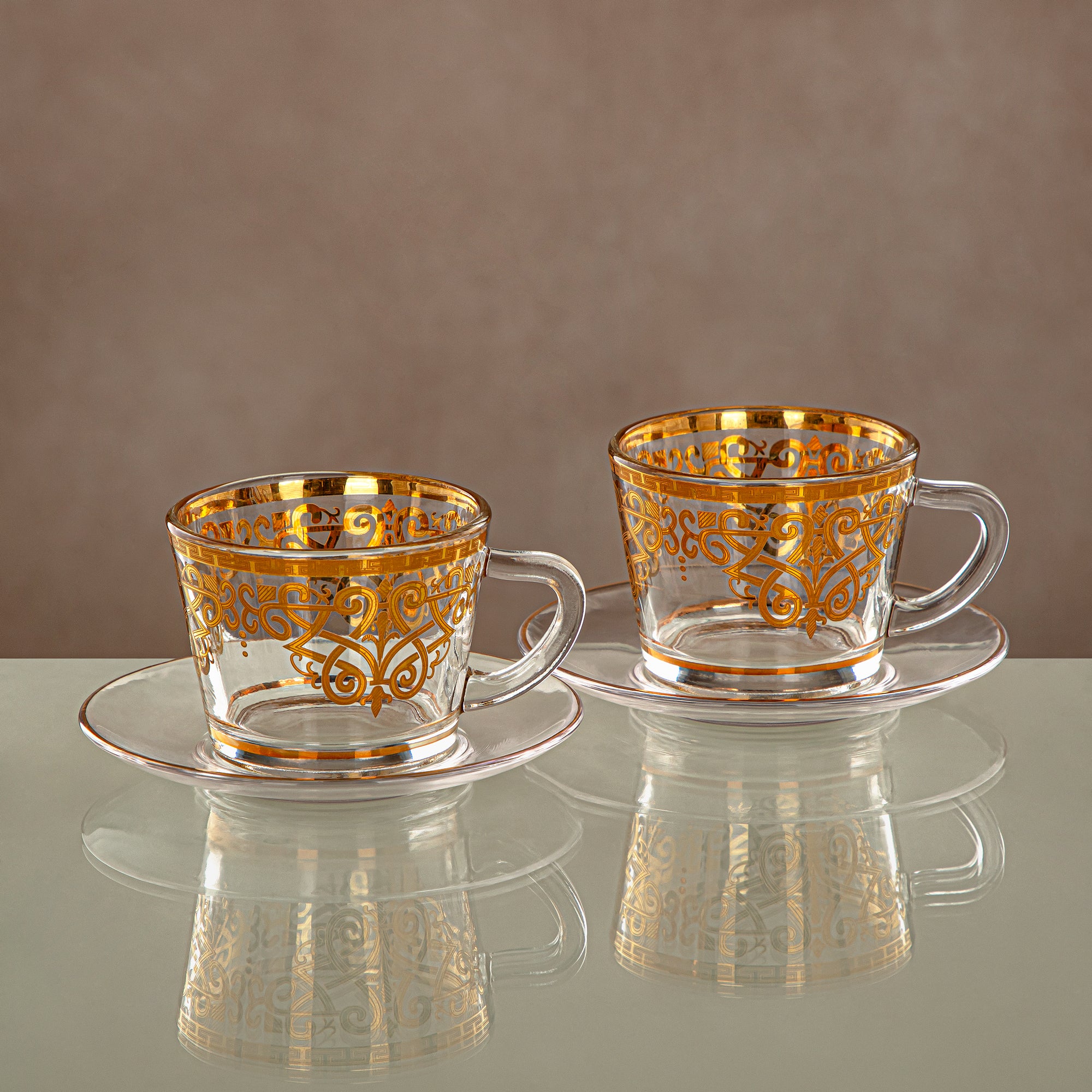 Almarjan Cup & Saucer Set Clear & Gold 6 pieces (1469B-0011P-YCS-GLD) Gatherings, special occasions, Ramadan, eid