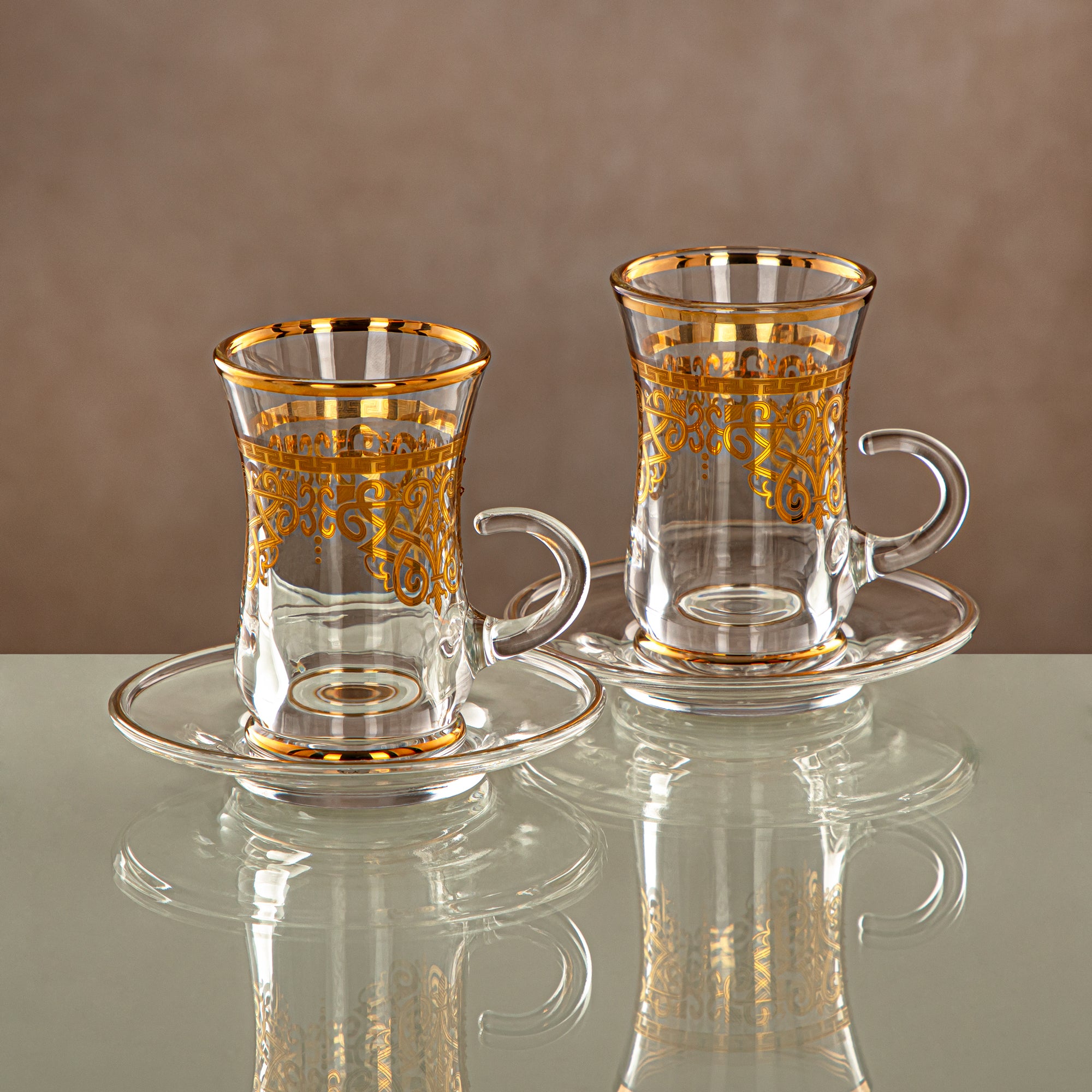 Almarjan Tea Cup & Saucer Set Clear & Gold 6 pieces (1496BJ-0001P-YCS-GLD) Gatherings, special occasions, Ramadan, eid