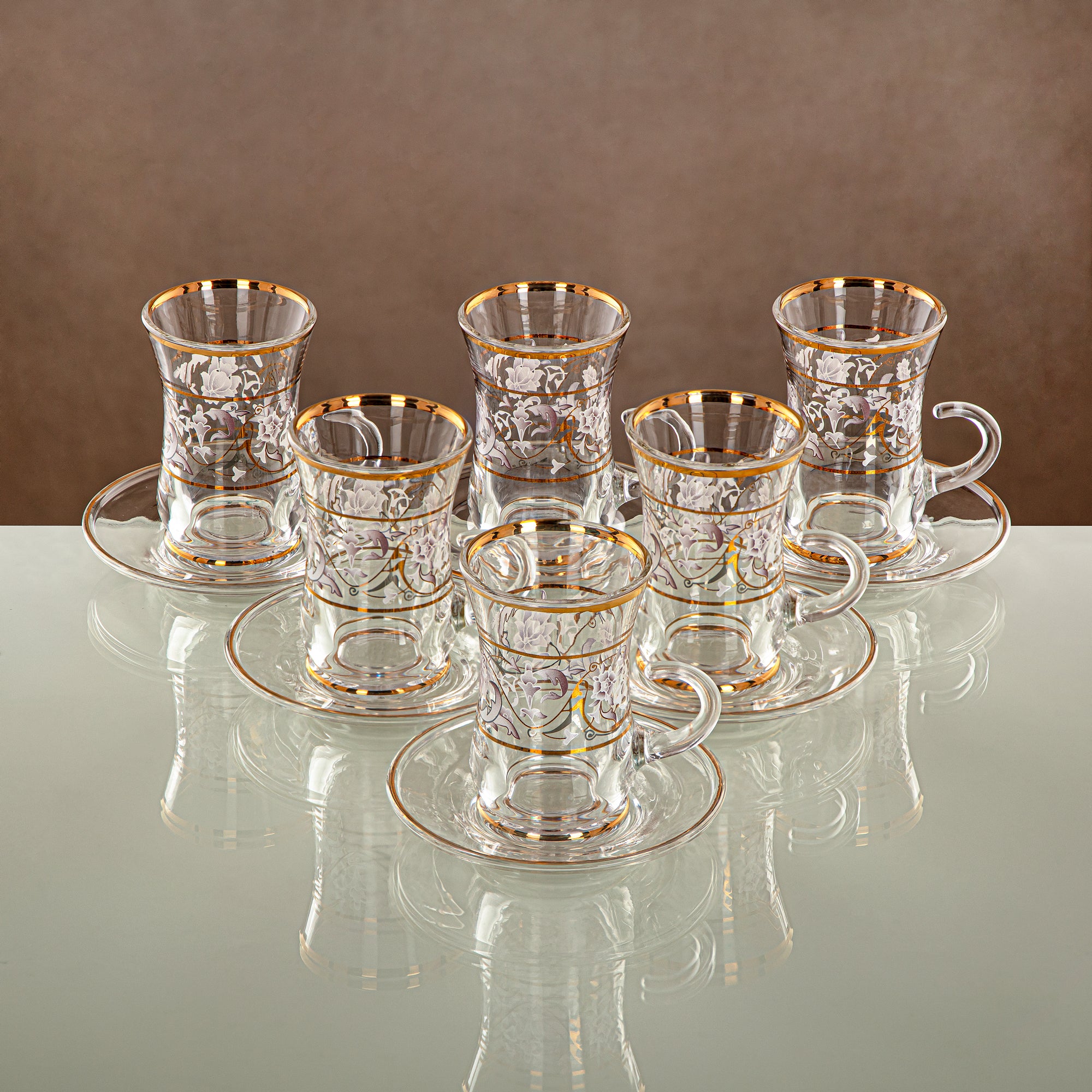 Almarjan Tea Set 6 Pieces, Glass, Clear & Golden Pattern (1496BJ-0001P-ZQDL) - Family Gatherings