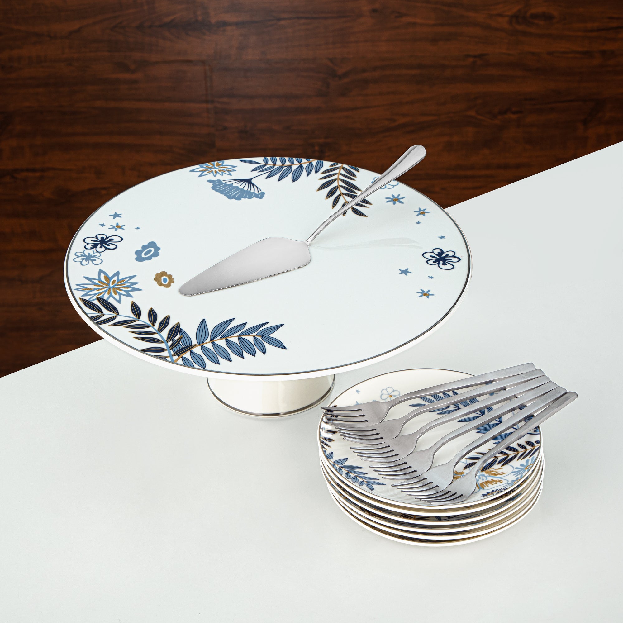 طقم تقديم كعك المرجان بورسلين وستانلس ستيل 14 قطعة (14PCS-12196) – مجموعة الحلويات النباتية الزرقاء