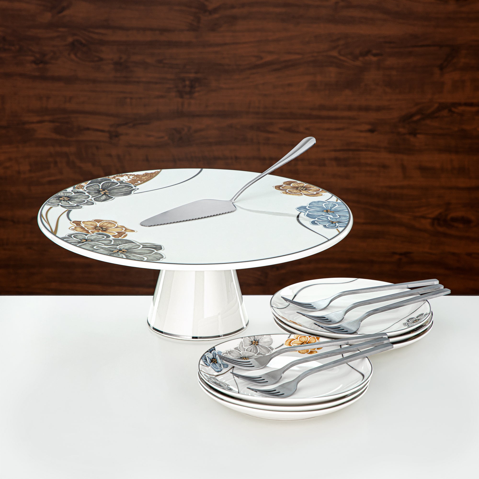 طقم تقديم كعك المرجان بورسلين وستانلس ستيل 14 قطعة (14PCS-12256) – مجموعة حلويات زهرية أنيقة