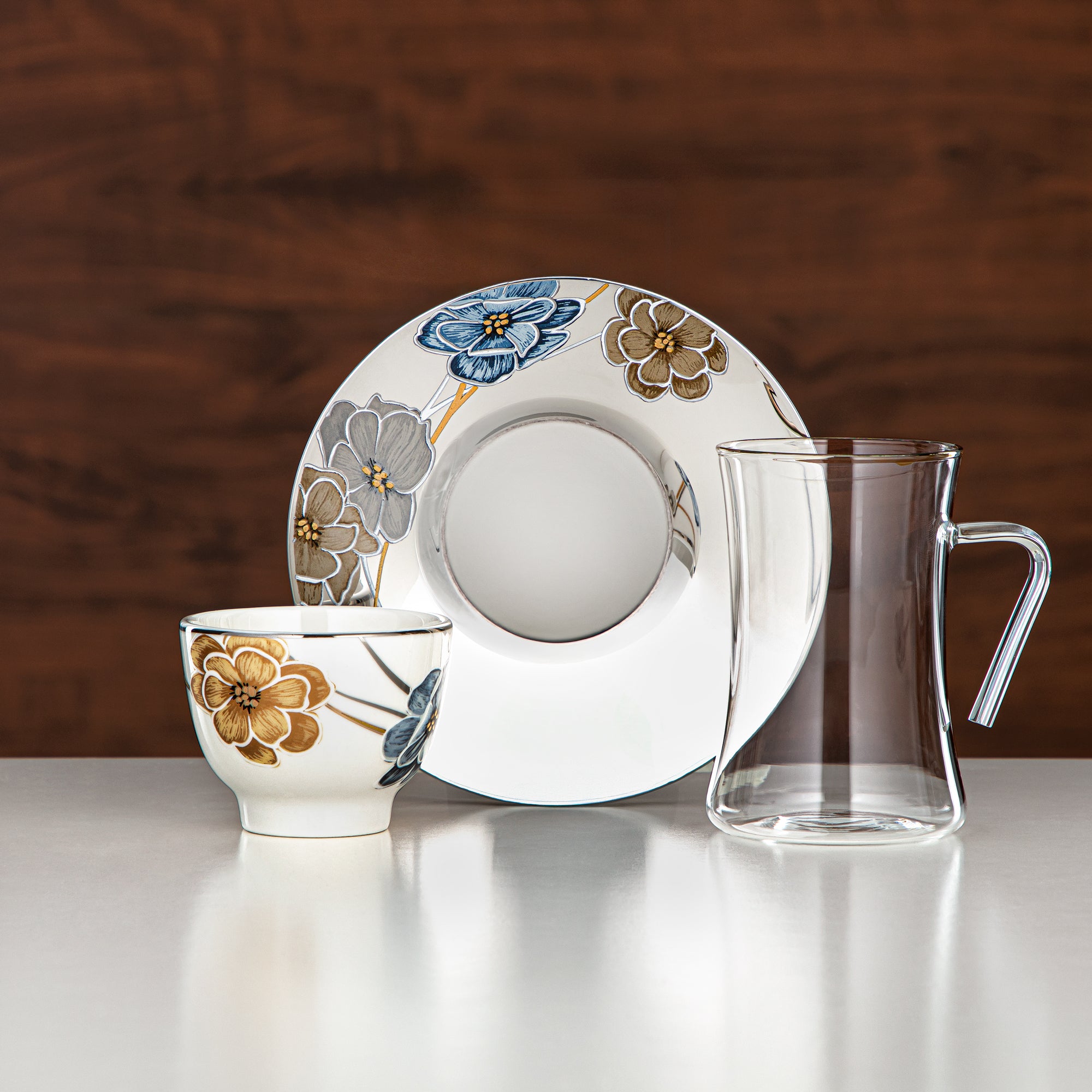 Almarjan Tea Set Borosilicate Glass, Stainless Steel & Porcelain 18 Pieces (18PCS-12256-1) – Elegant Floral Tea Collection