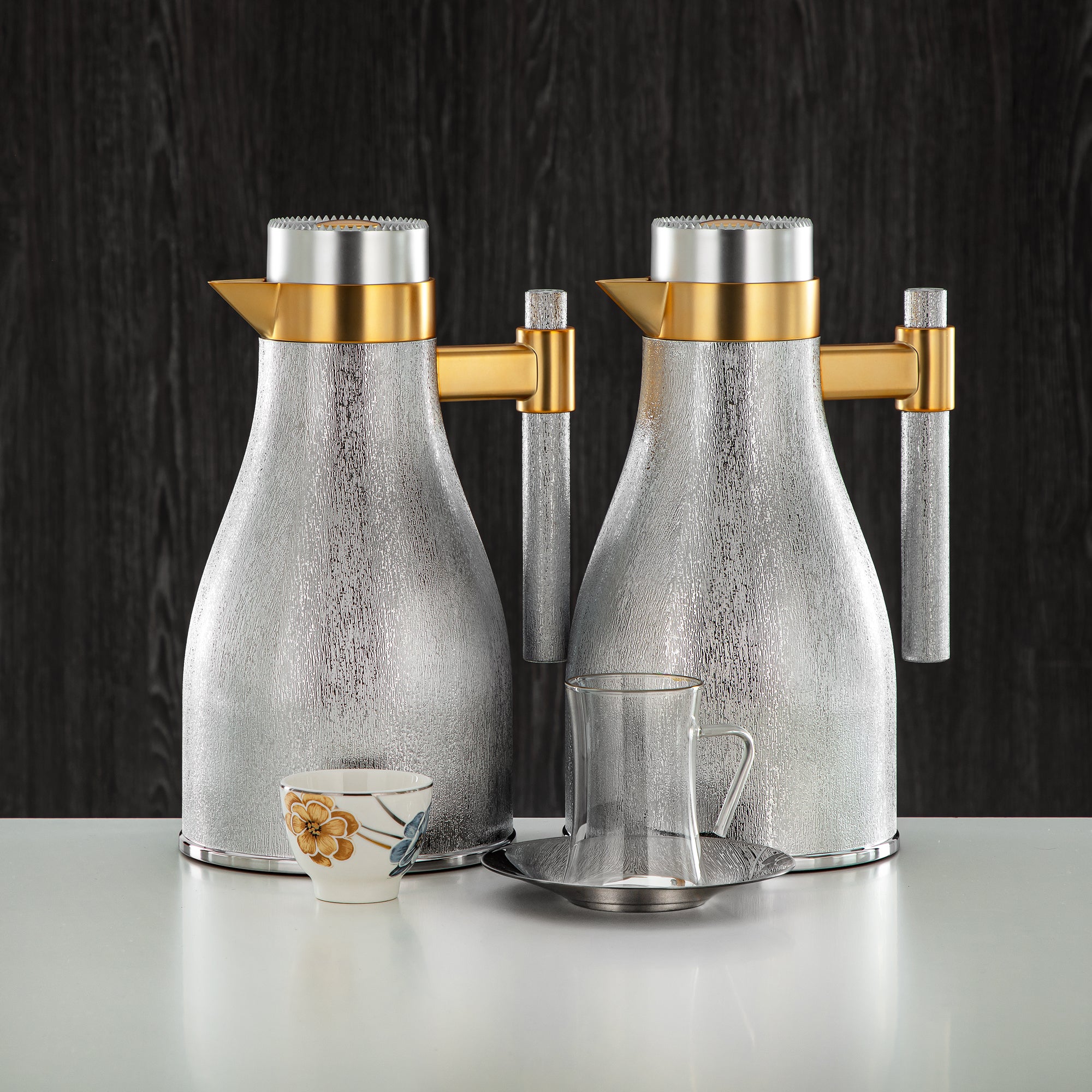 Almarjan Vacuum Flask & Tea Set ABS Matt Silver & Matt Gold 20 Pieces (GOK-S-MS-MG + 18PCS-12256-1) – Elegant Serving | Ramadan & Gatherings