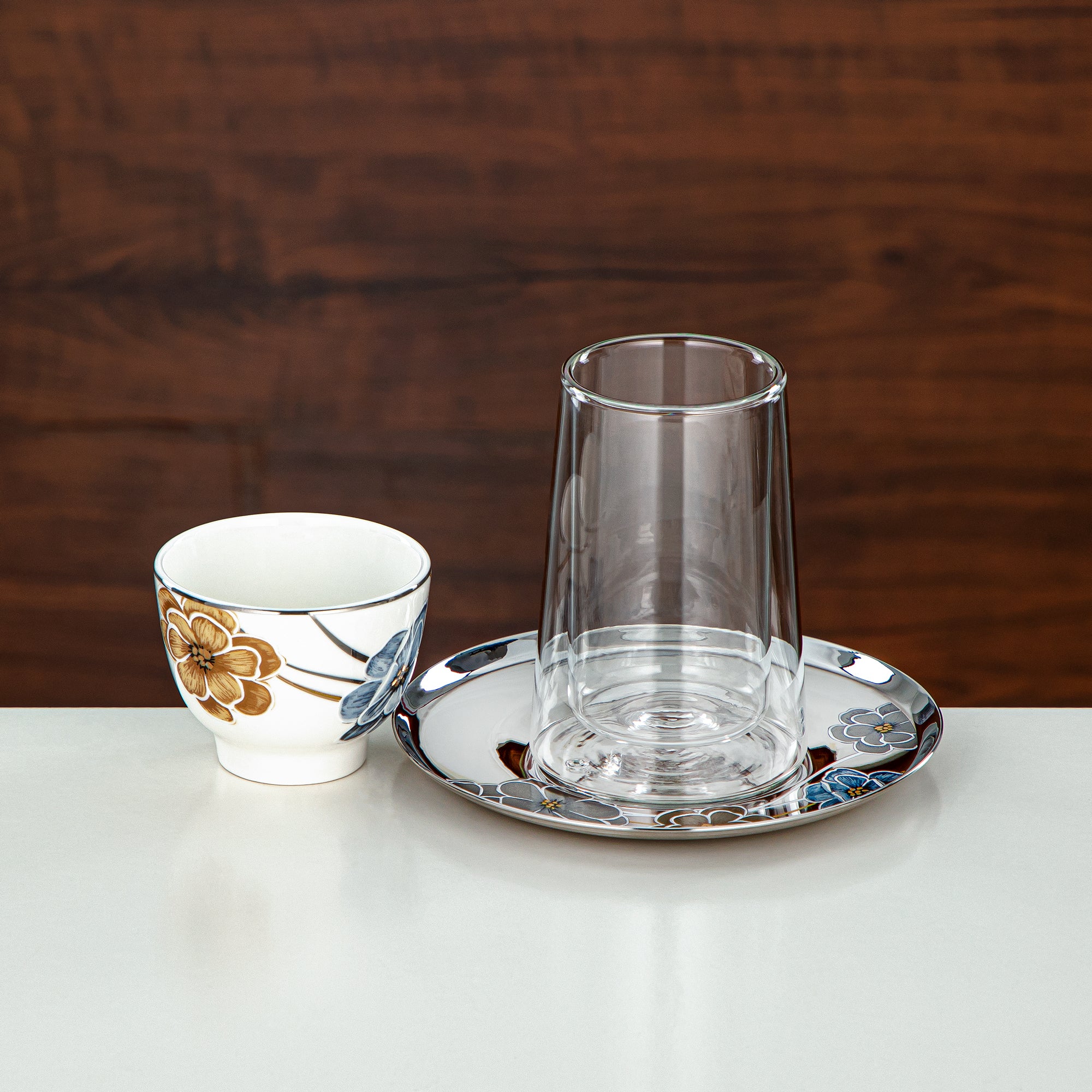 Almarjan Tea Set Double-Walled Borosilicate Glass, Stainless Steel & Porcelain 18 Pieces (18PCS-12256-3) – Modern Floral Tea Collection