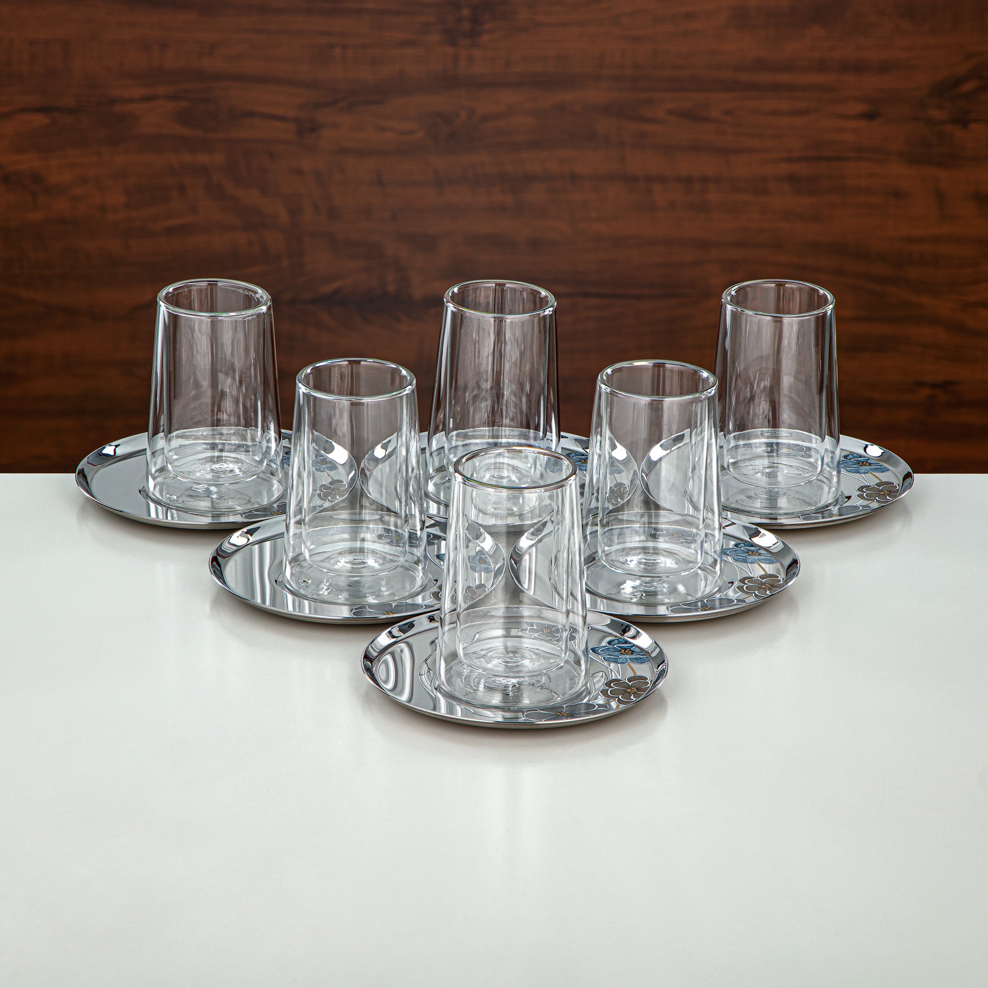 Almarjan Tea Set Double-Walled Borosilicate Glass, Stainless Steel & Porcelain 18 Pieces (18PCS-12256-3) – Modern Floral Tea Collection