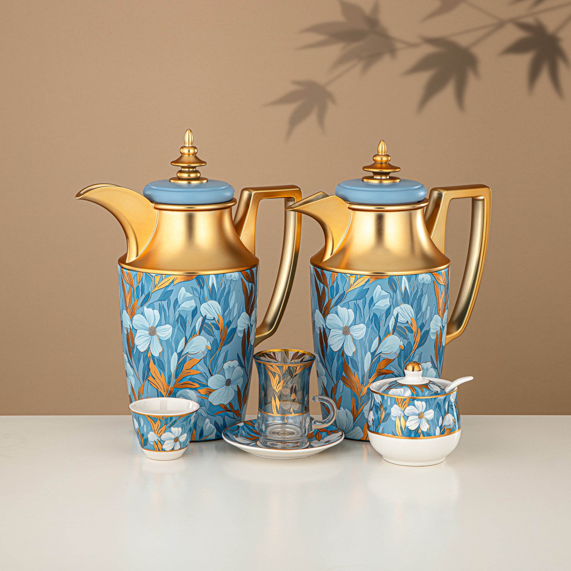 Almarjan Vacuum Flask Set 24 Pieces, 1L + 1L, Floral & Matt Gold (24-JBH-TR-AZ01G) - Tea & Coffee Complete Set