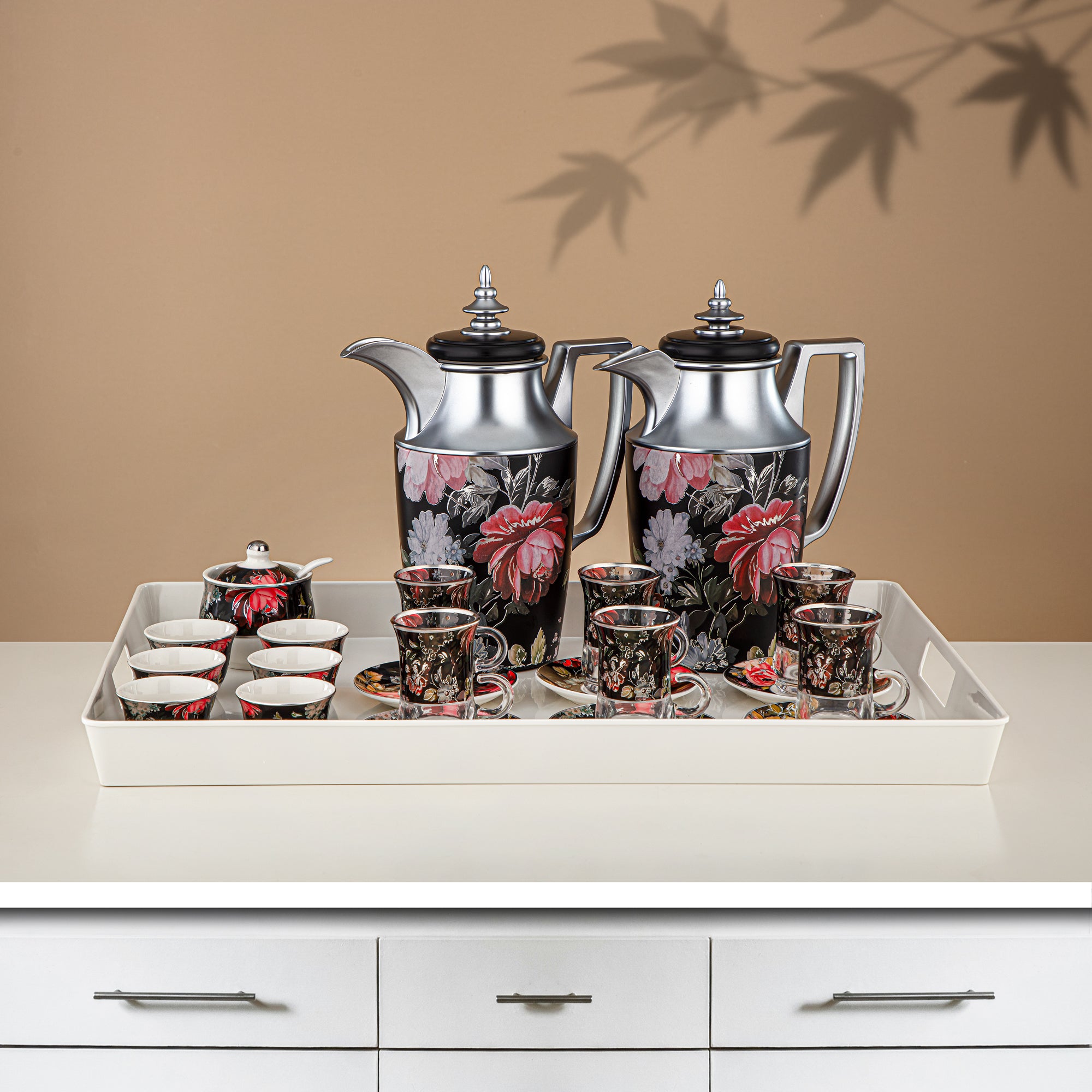 Almarjan Vacuum Flask Set 24 Pieces, 1L + 1L, Floral & Matt Silver (24-JBH-TR-AZ04S) - Tea & Coffee Complete Set