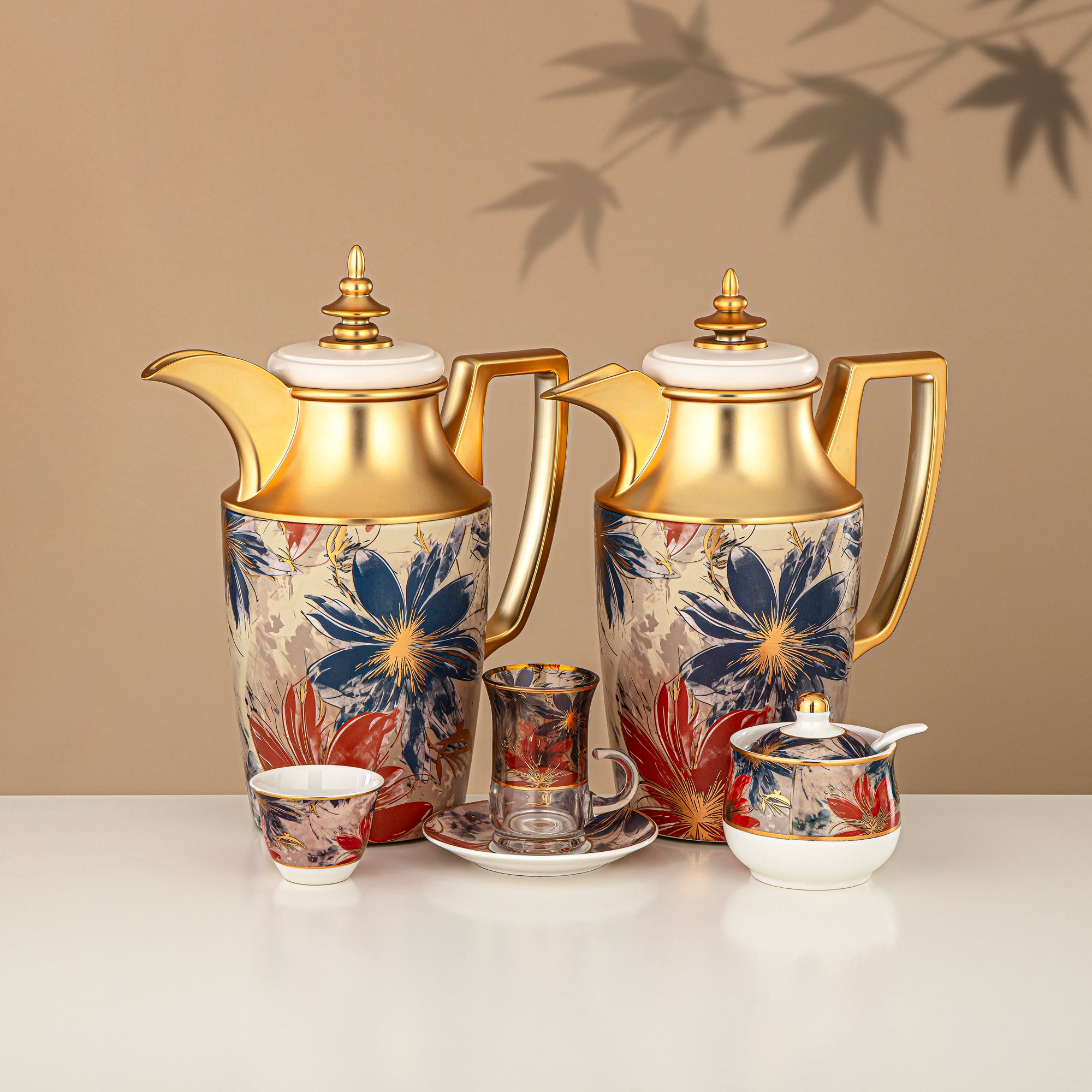 Almarjan Vacuum Flask Set 24 Pieces, 1L + 1L, Floral & Matt Gold (24-JBH-TR-AZ05G) - Tea & Coffee Complete Set