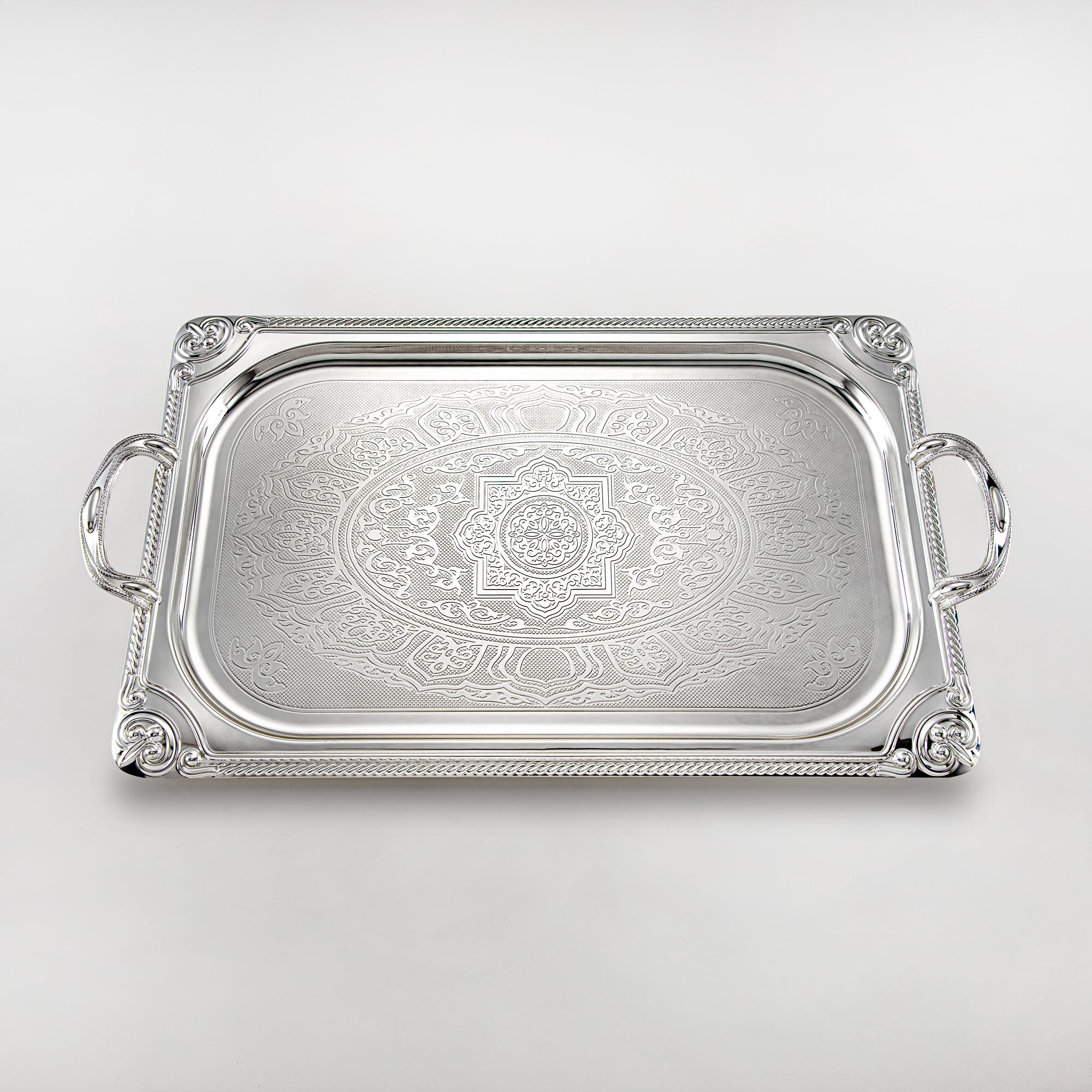 Almarjan Serving Tray Set - 3 Pieces, Silver (307XLLM-S) | Ramadan & Special Occasions