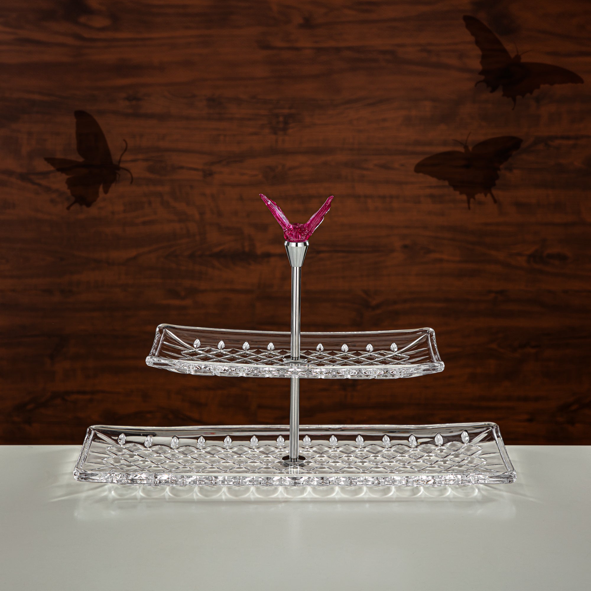 Almarjan Rectangle Sweet Stand Glass Two Tiers Clear & Pink (40816-415/S2-BG) Elegant Hosting Pieces