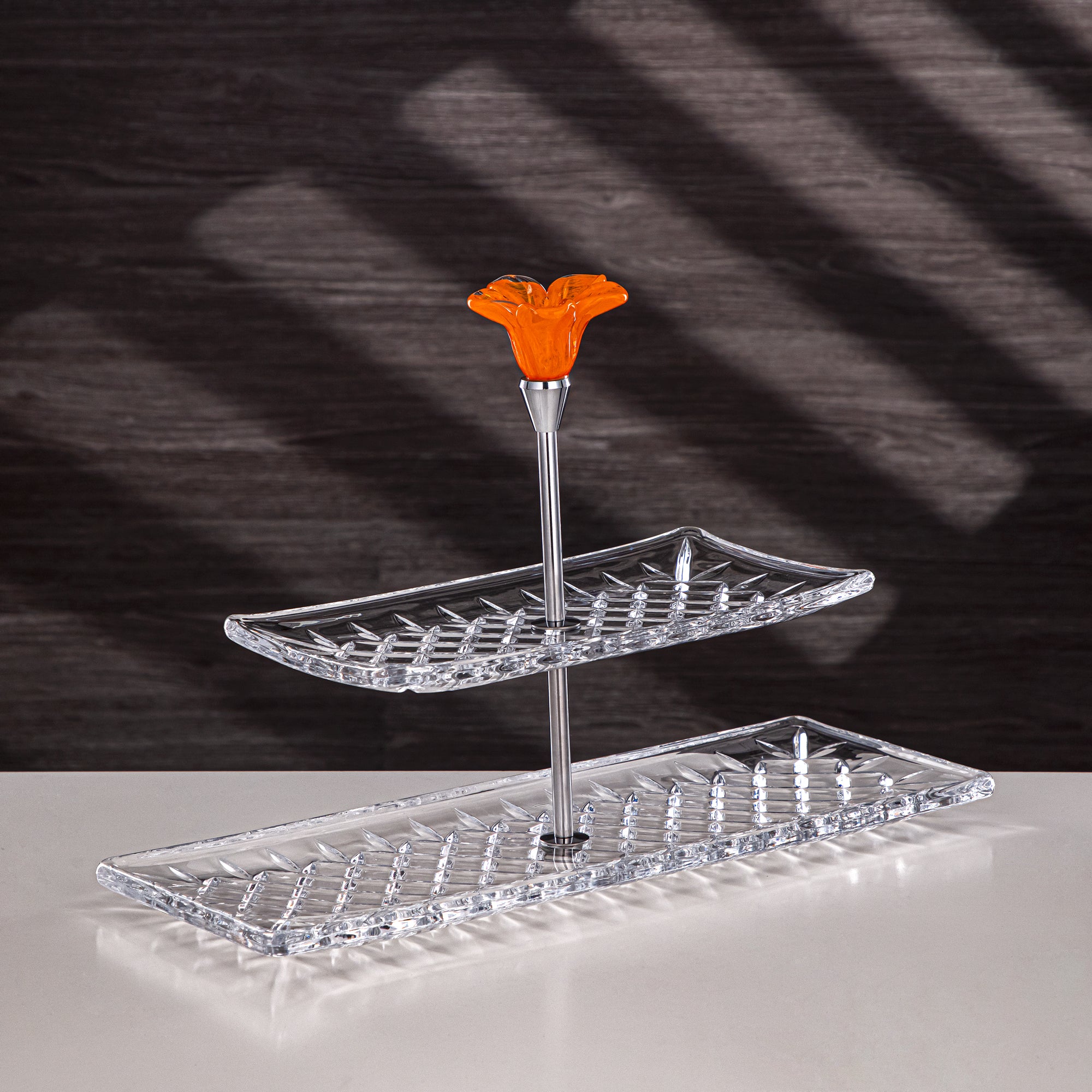 Almarjan Serveware Glass 2-Tier Rectangle Clear with Orange Flower