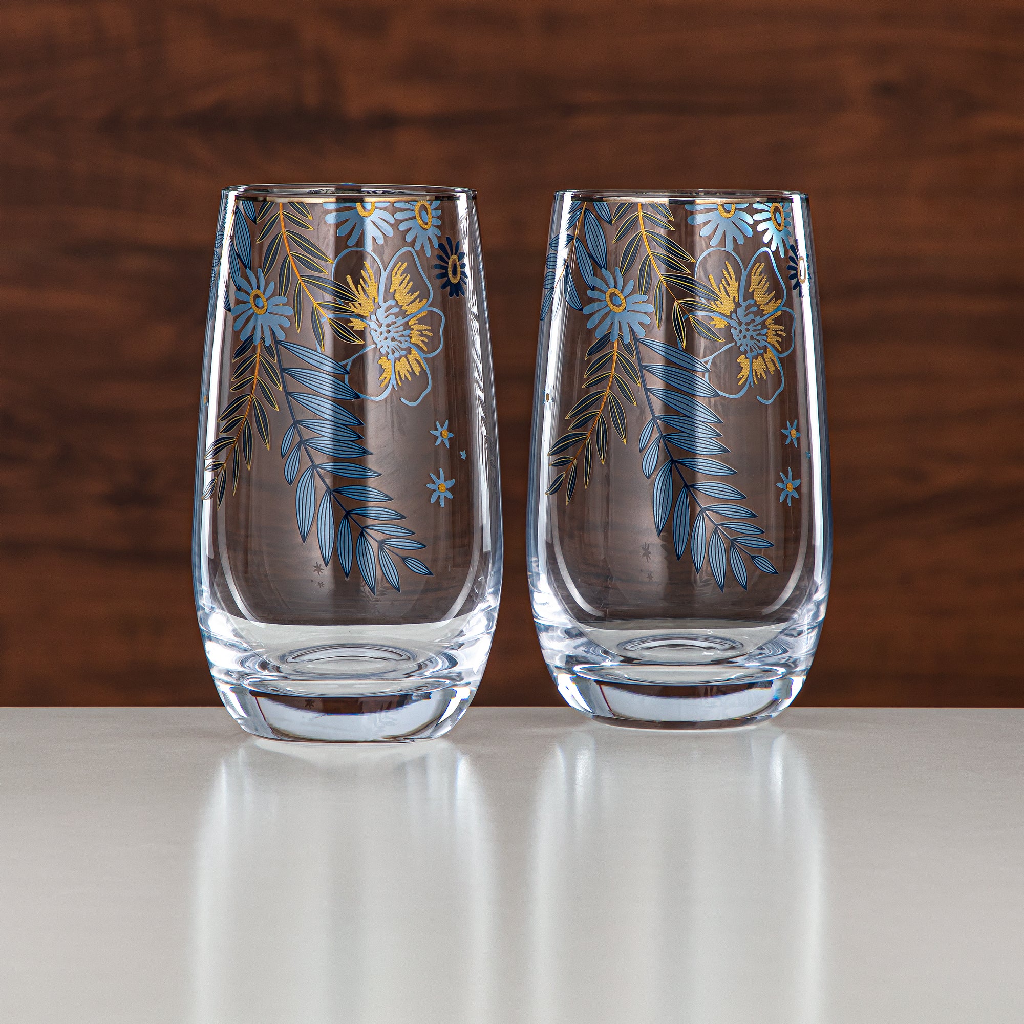 Almarjan Floral Glass Tumbler Set Printed Glass 4 Pieces (8233-5-12196) – Blue Botanical Serveware Collection