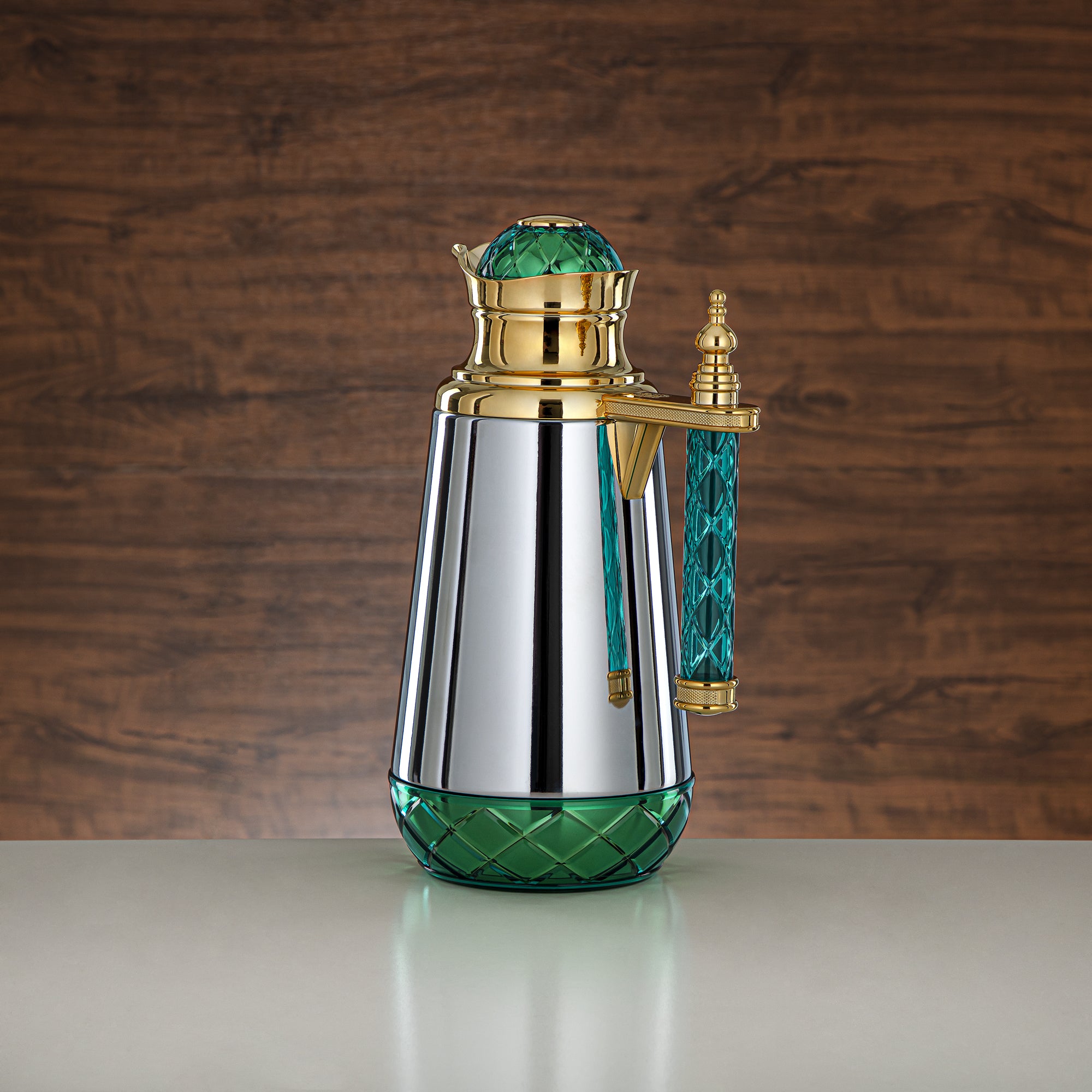 Almarjan Vacuum Flask Set, Push Button, Acrylic Handle - 0.7L + 1L, Silver, Gold & Green (CBY+CBZ-CGG) - Classic Vacuum Flasks