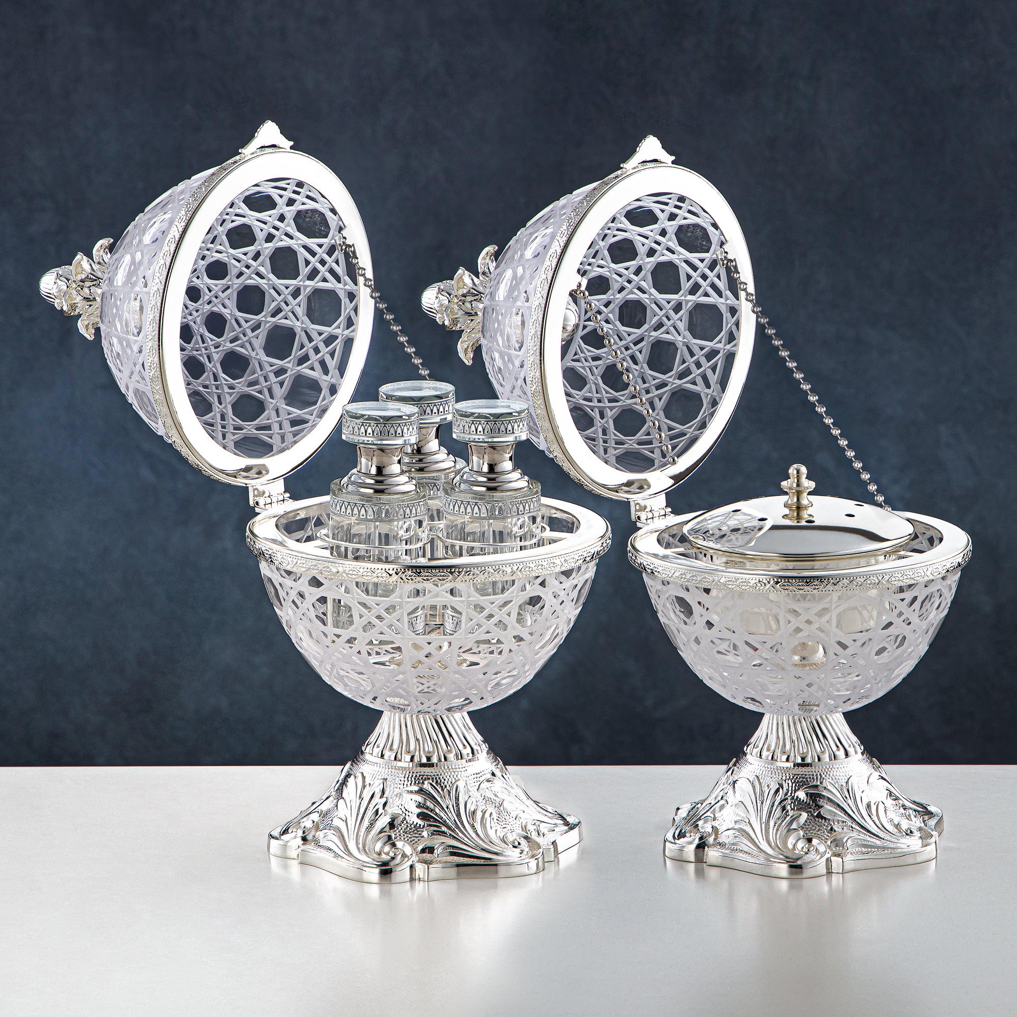 Almarjan Incense Burner & Perfume Set Silver 2 Pieces (CC20230817+CC20230909) – Elegant Serving | Ramadan & Gatherings