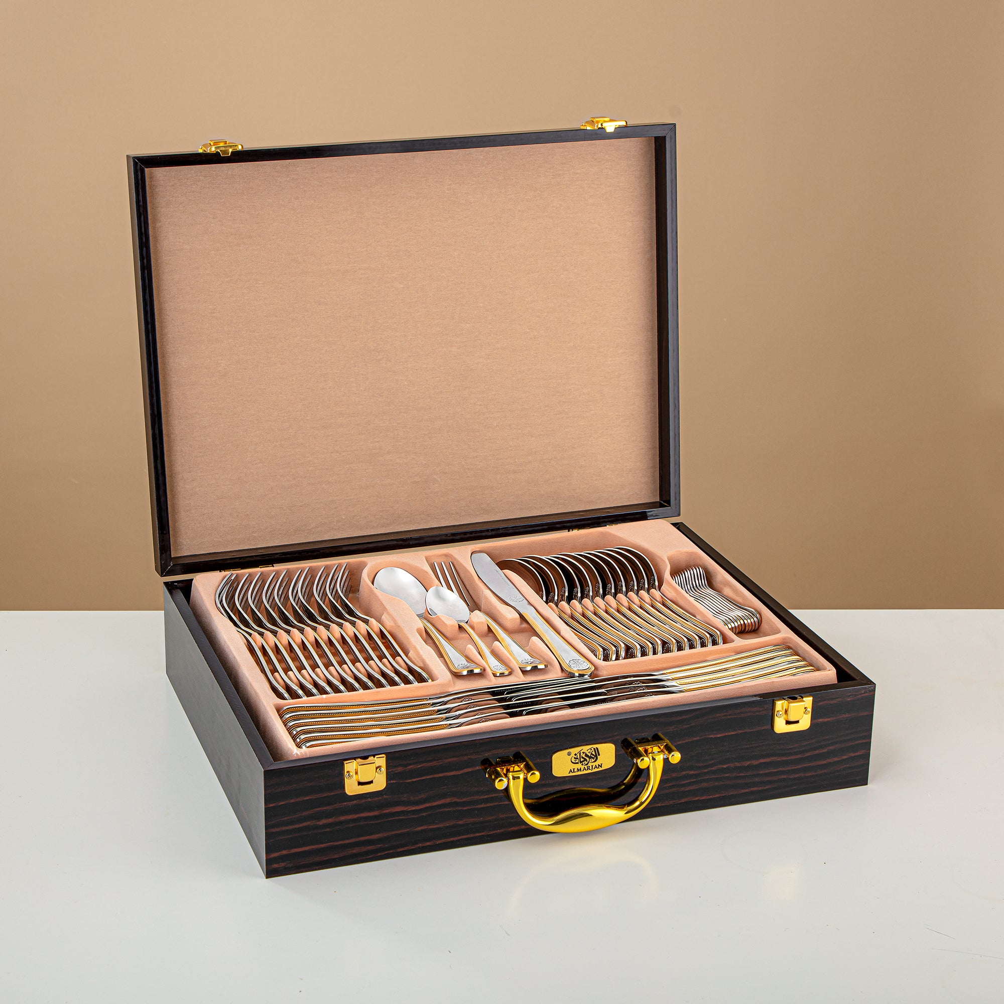 Almarjan Cutlery Set 84 Pieces, Stainless Steel, Leather Case, Silver & Gold (CUT0010347) Elegant Cutlery Set