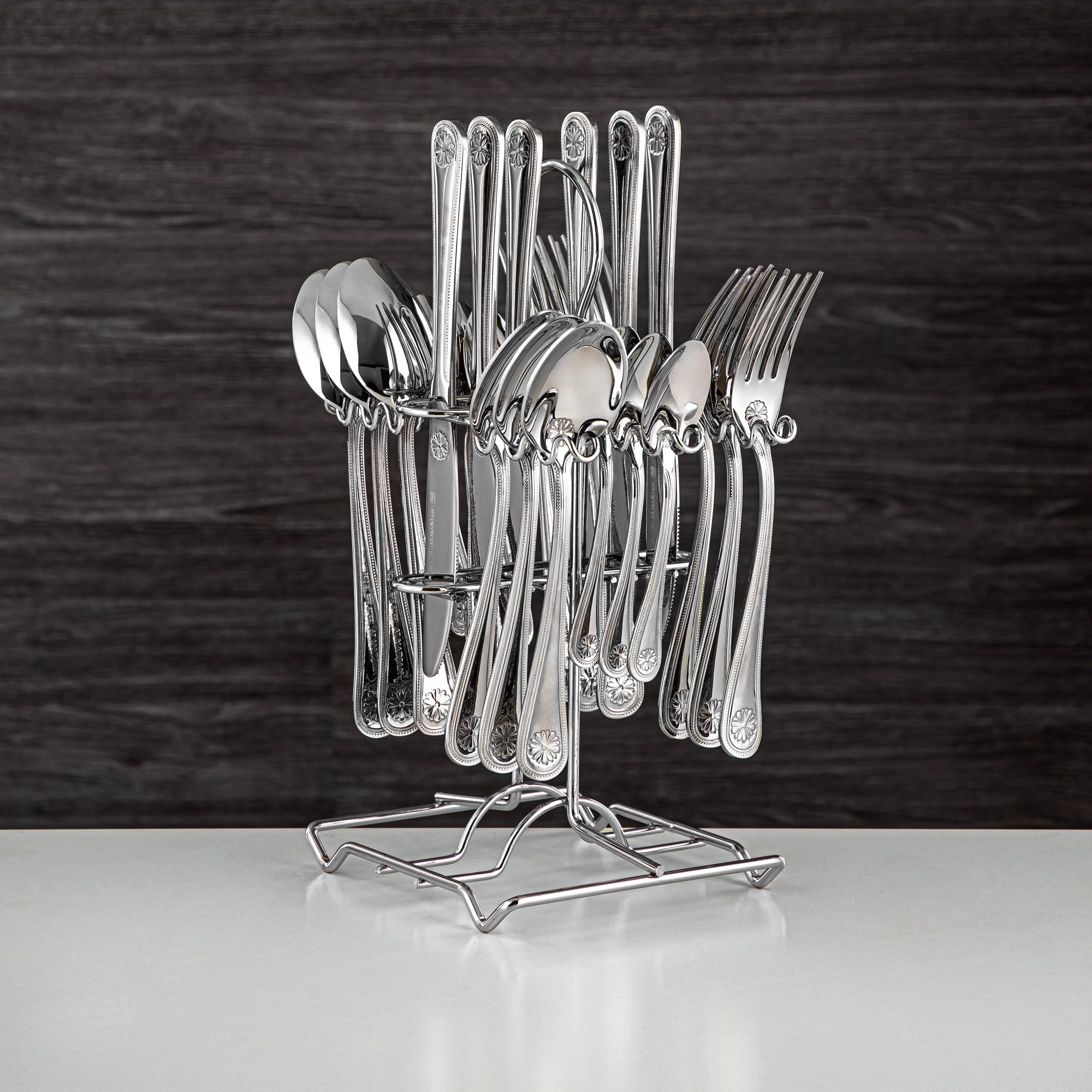 Almarjan Cutlery Set 24 Pieces, Stainless Steel, With Stand, Silver (CUT0010349) Elegant Cutlery Set