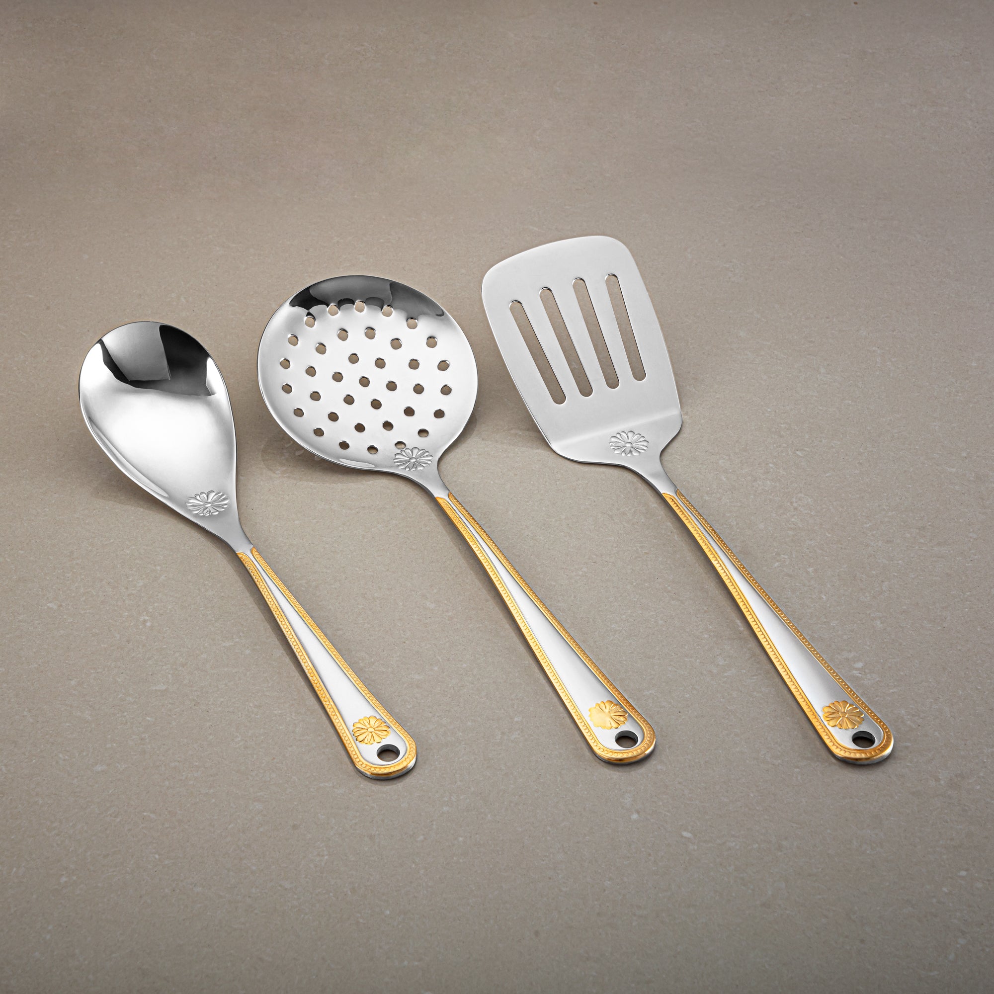 Almarjan Kitchen Tool Set 7 Pieces, Stainless Steel, With Stand, Silver & Gold (CUT0010382) Elegant Flatware