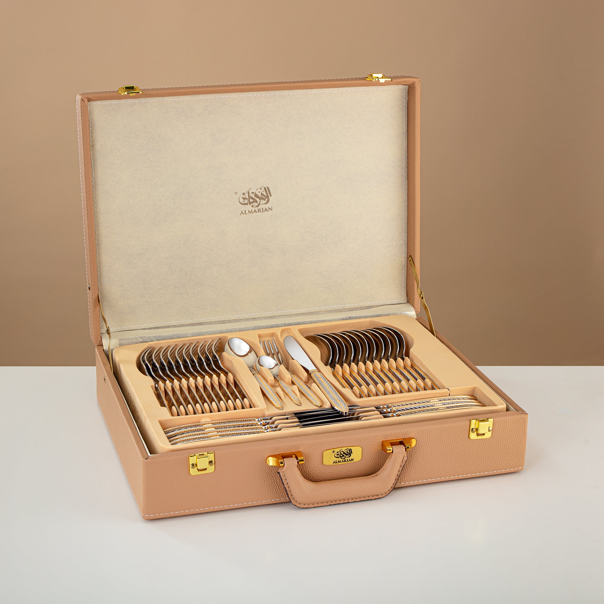 Almarjan Cutlery Set 72 Pieces, Stainless Steel, Leather Case, Silver & Gold (CUT0010430) Elegant Cutlery Set