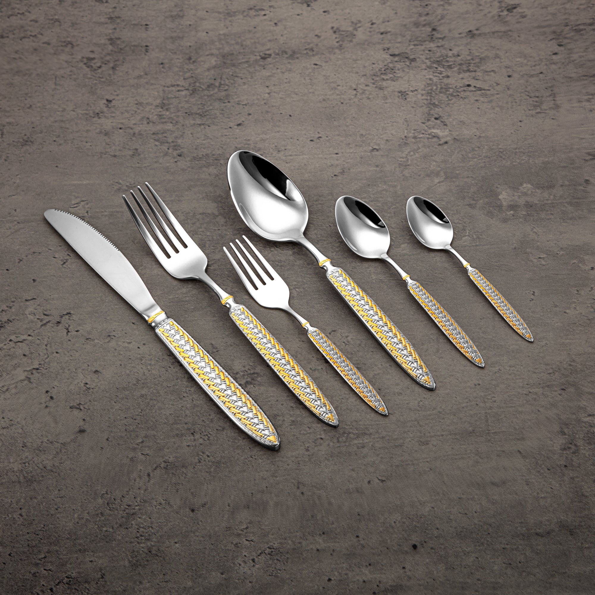 Almarjan Cutlery Set 84 Pieces, Stainless Steel, Leather Case, Silver & Gold (CUT0010436) Elegant Cutlery Set