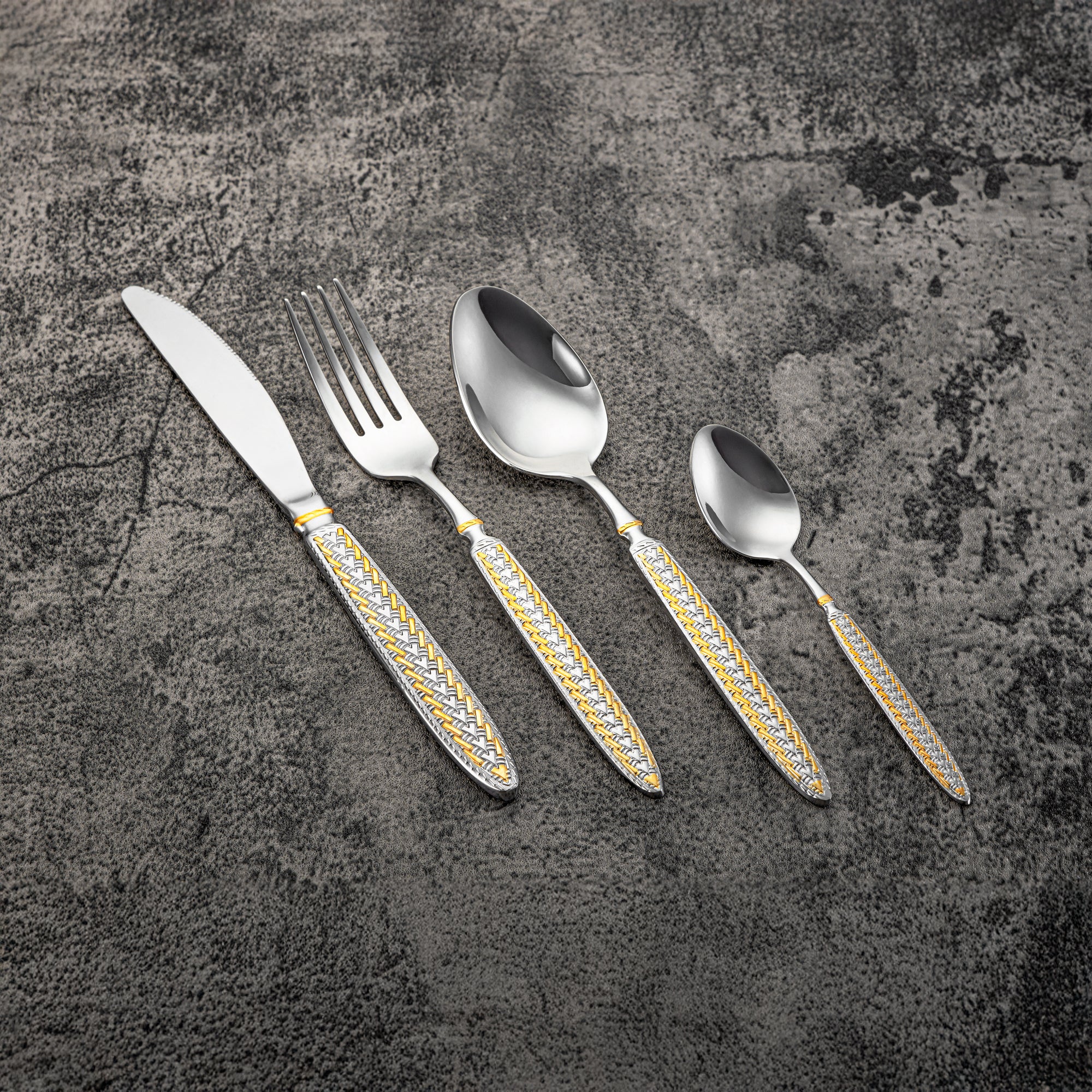 Almarjan Cutlery Set 24 Pieces, Stainless Steel, With Stand, Silver & Gold (CUT0010440) Elegant Cutlery Set