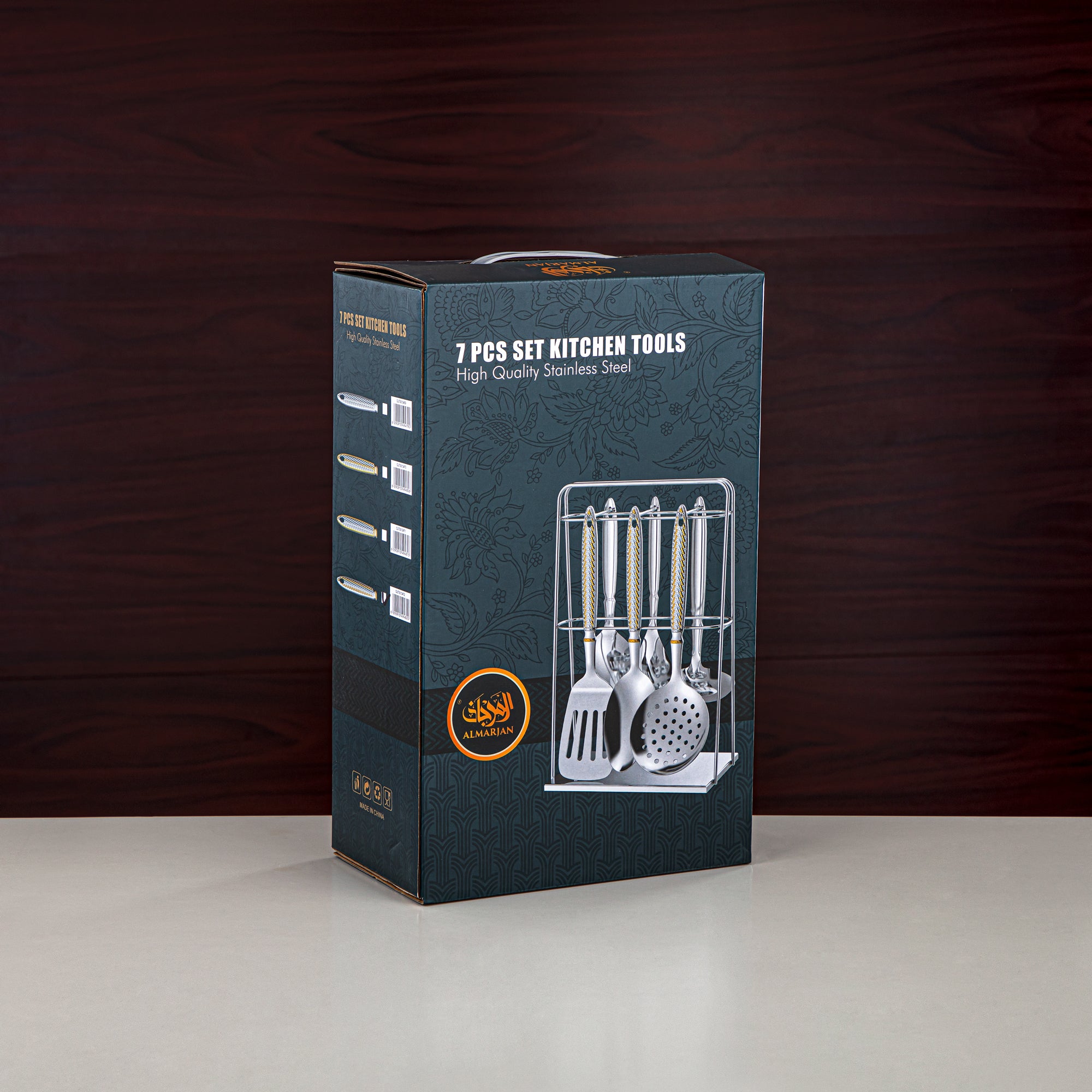 Almarjan Kitchen Tool Set 7 Pieces, Stainless Steel, With Stand, Silver (CUT0010469) Elegant Flatware