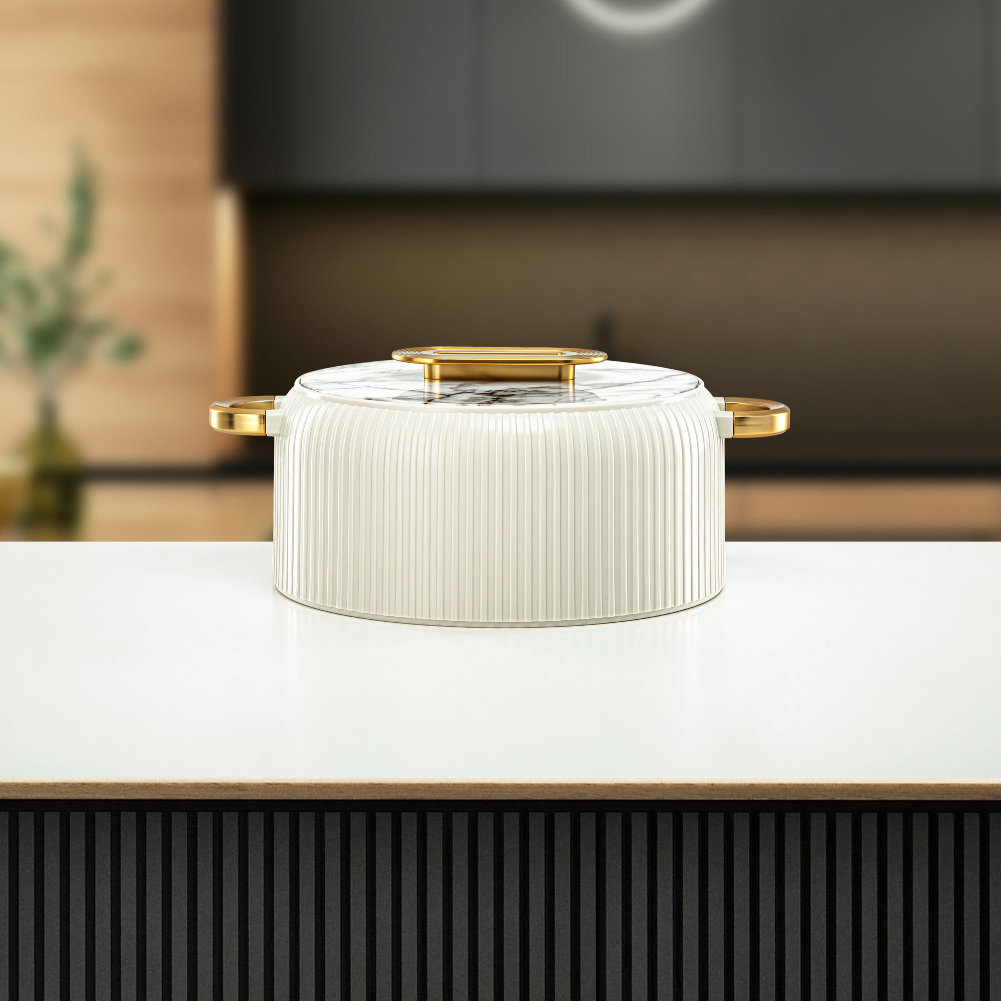 Almarjan Hot Pot Plastic, Set of 3 Pieces, White & Gold, 2000ML + 4000ML + 6500ML (EK-200/400/650 WM/MG) Ramadan Serveware