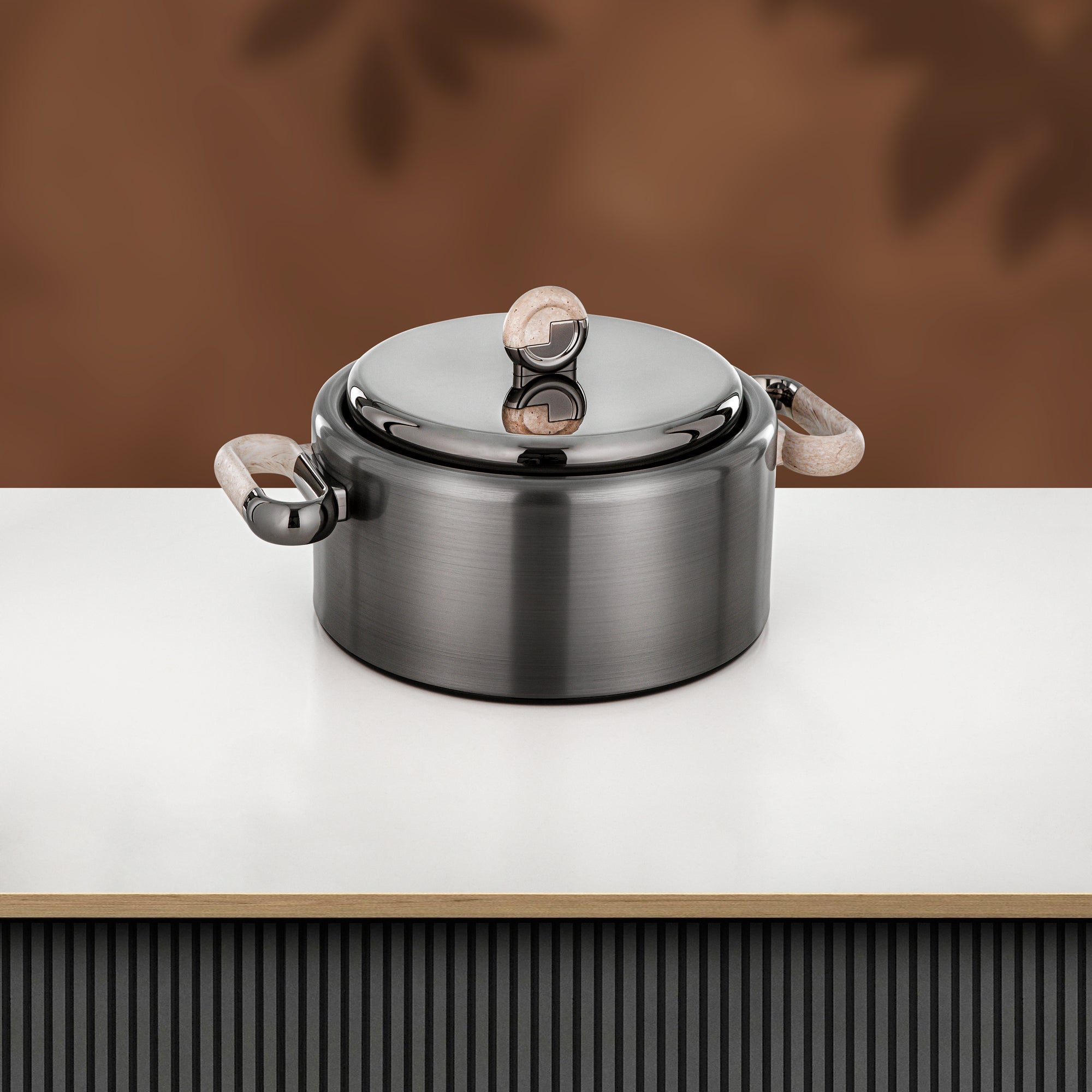 Almarjan 2 Pieces Hot Pot Set, Brushed Matt Gun Black & Travertine Marble