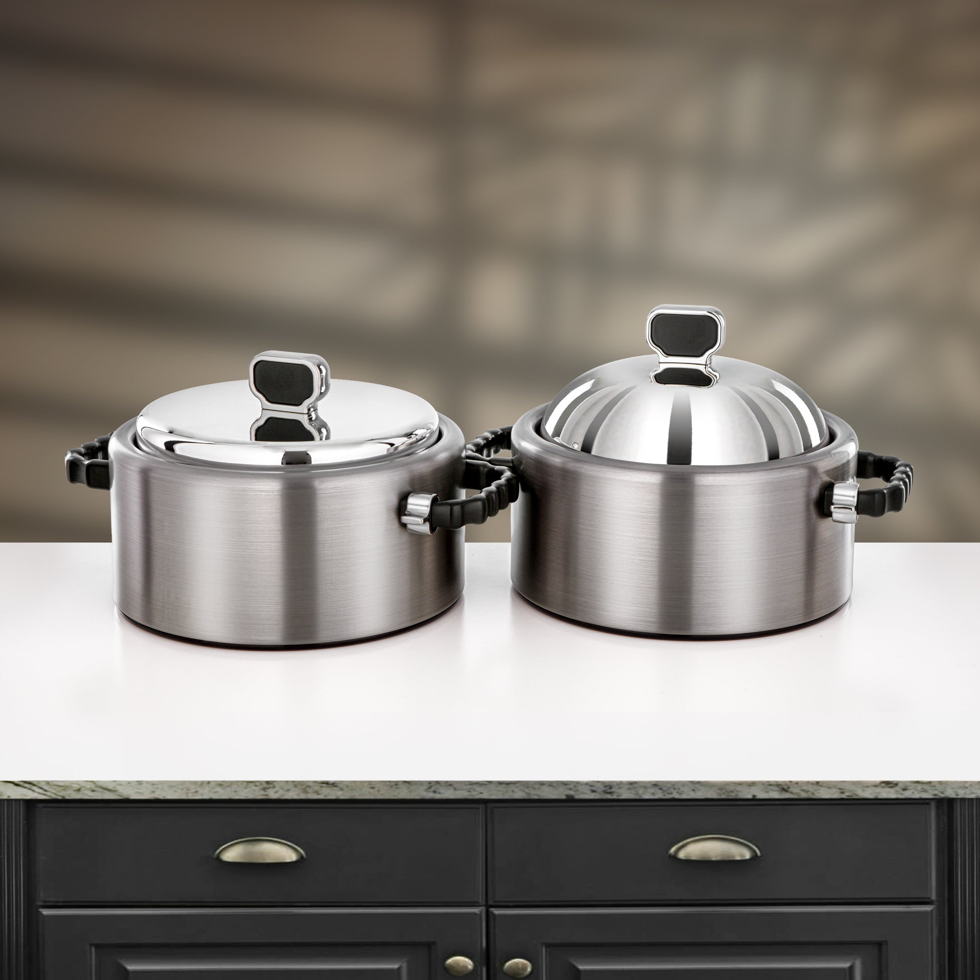 Almarjan 2 Pieces Hot Pot Set, Brushed Matt Silver & Matt Black