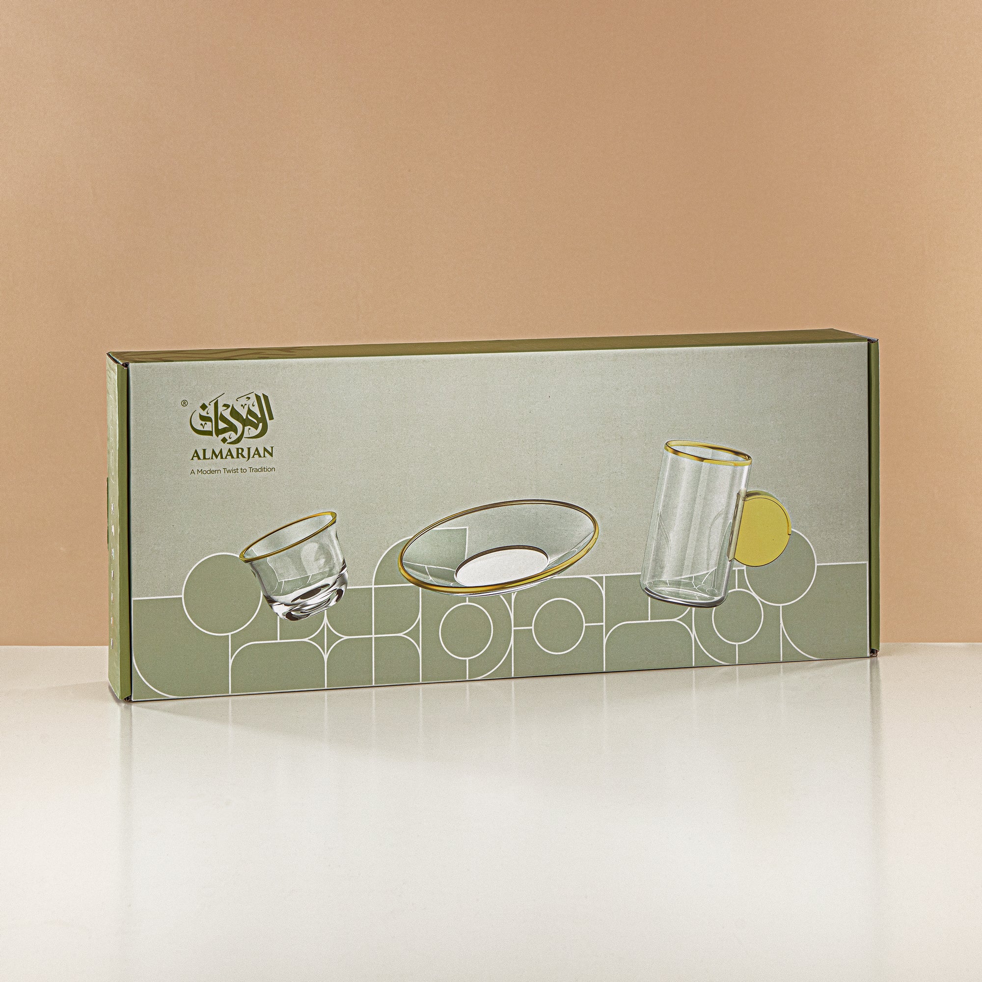 طقم شاي وقهوة المرجان 18 قطعة، زجاج، حافة رخامية خضراء ومقبض (FB808-18 GM/DG) - أواني تقديم أنيقة للشاي والقهوة