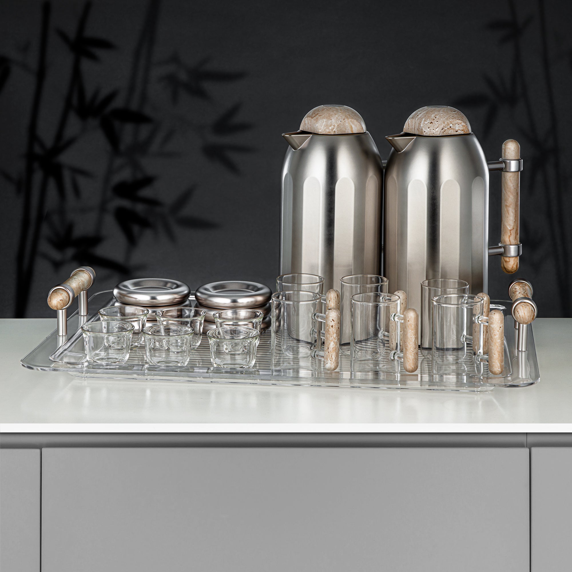 Almarjan Vacuum Flask Set 21-Piece Matt Nickel with Travertine Handle & Cover 1L + 1L (FG211-21 MNI/TM) – Complete Serving | Ramadan & Gatherings