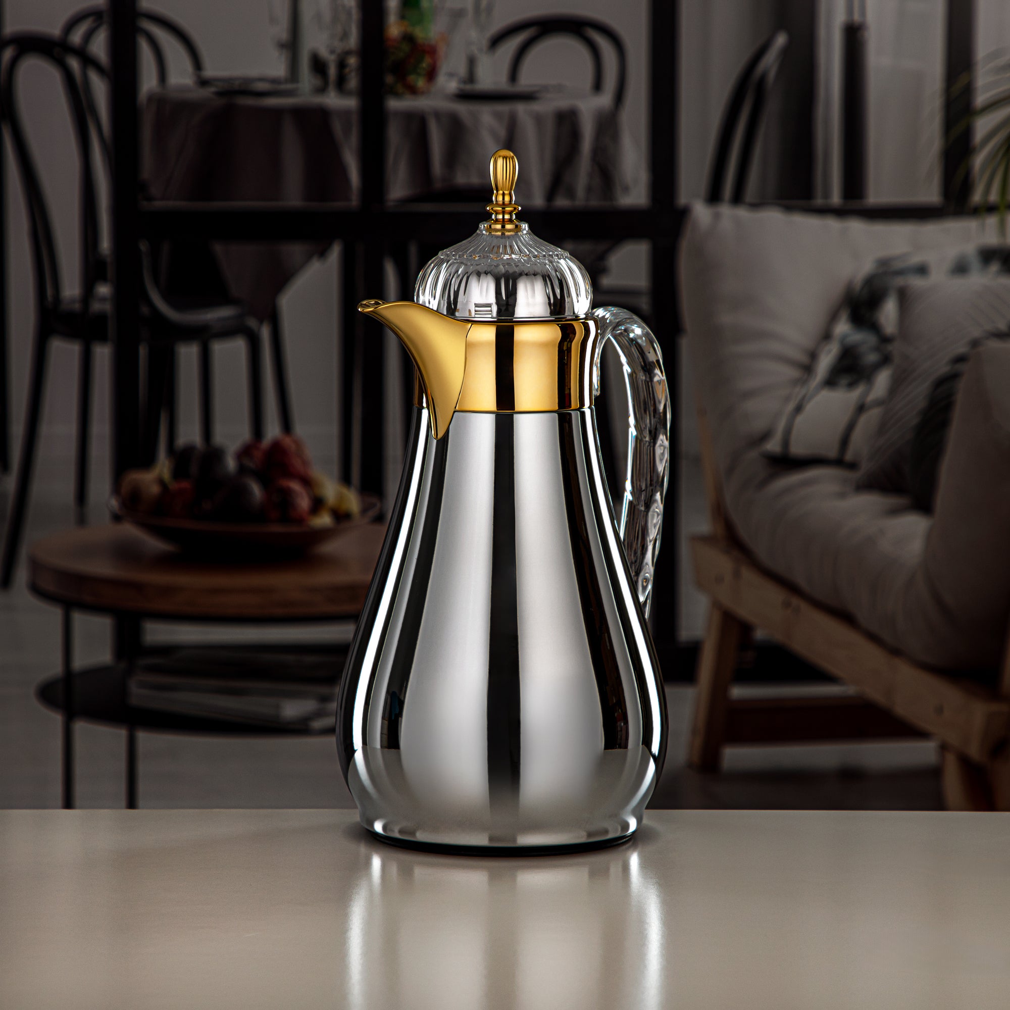 Almarjan Vacuum Flask Set, Push Button, 0.7L + 1L, Silver, Gold & Transparent (FG810-070/100 C/G) - Elegant Vacuum Flask Sets