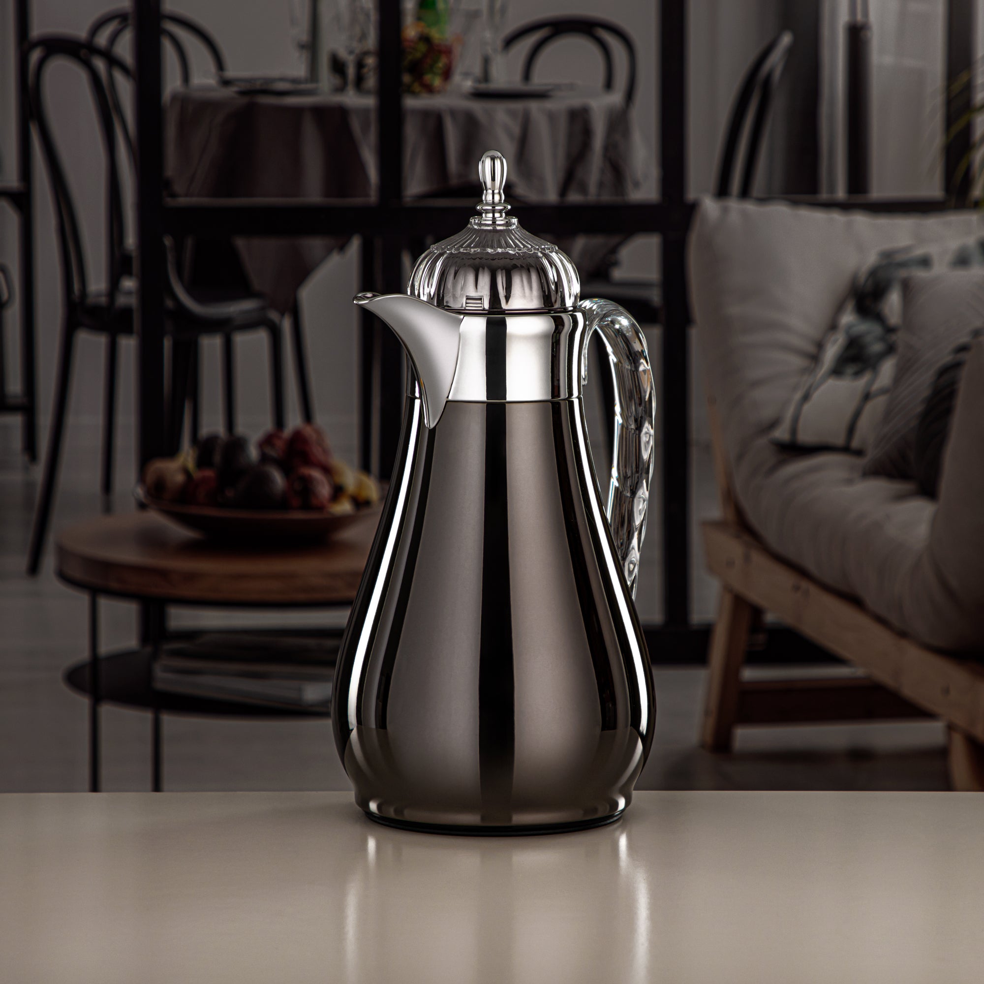 Almarjan Vacuum Flask Set, Push Button, 0.7L + 1L, Gun Black, Silver & Transparent (FG810-070/100 GB/C) - Elegant Vacuum Flask Sets