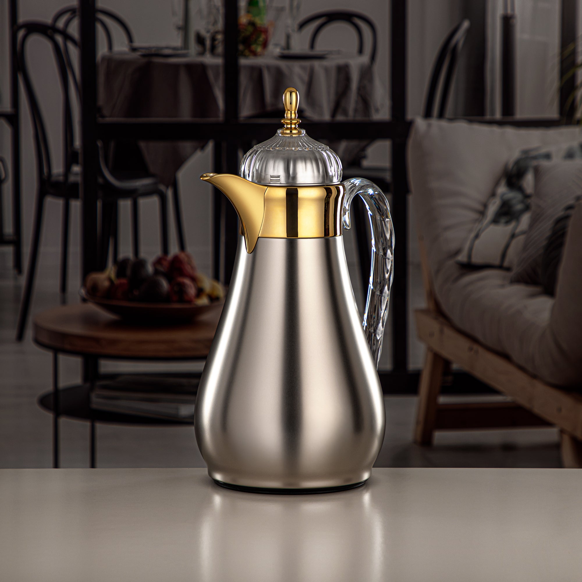 Almarjan Vacuum Flask Set, Push Button, 0.7L + 1L, Matt Silver, Gold & Transparent (FG810-070/100 MC/G) - Elegant Vacuum Flask Sets