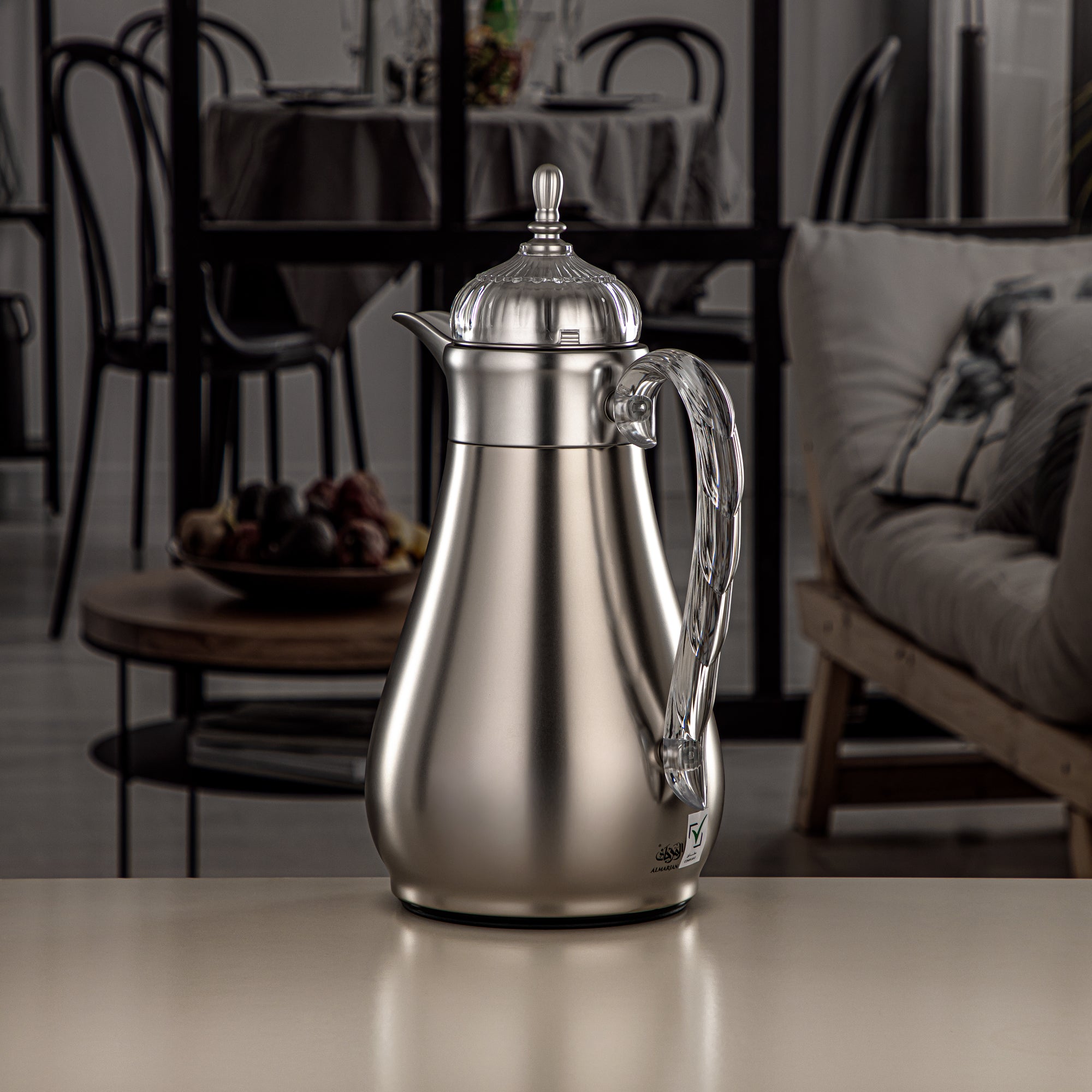 Almarjan Vacuum Flask Set, Push Button, 0.7L + 1L, Matt Silver & Transparent (FG810-070/100 MC/TR) - Elegant Vacuum Flask Sets