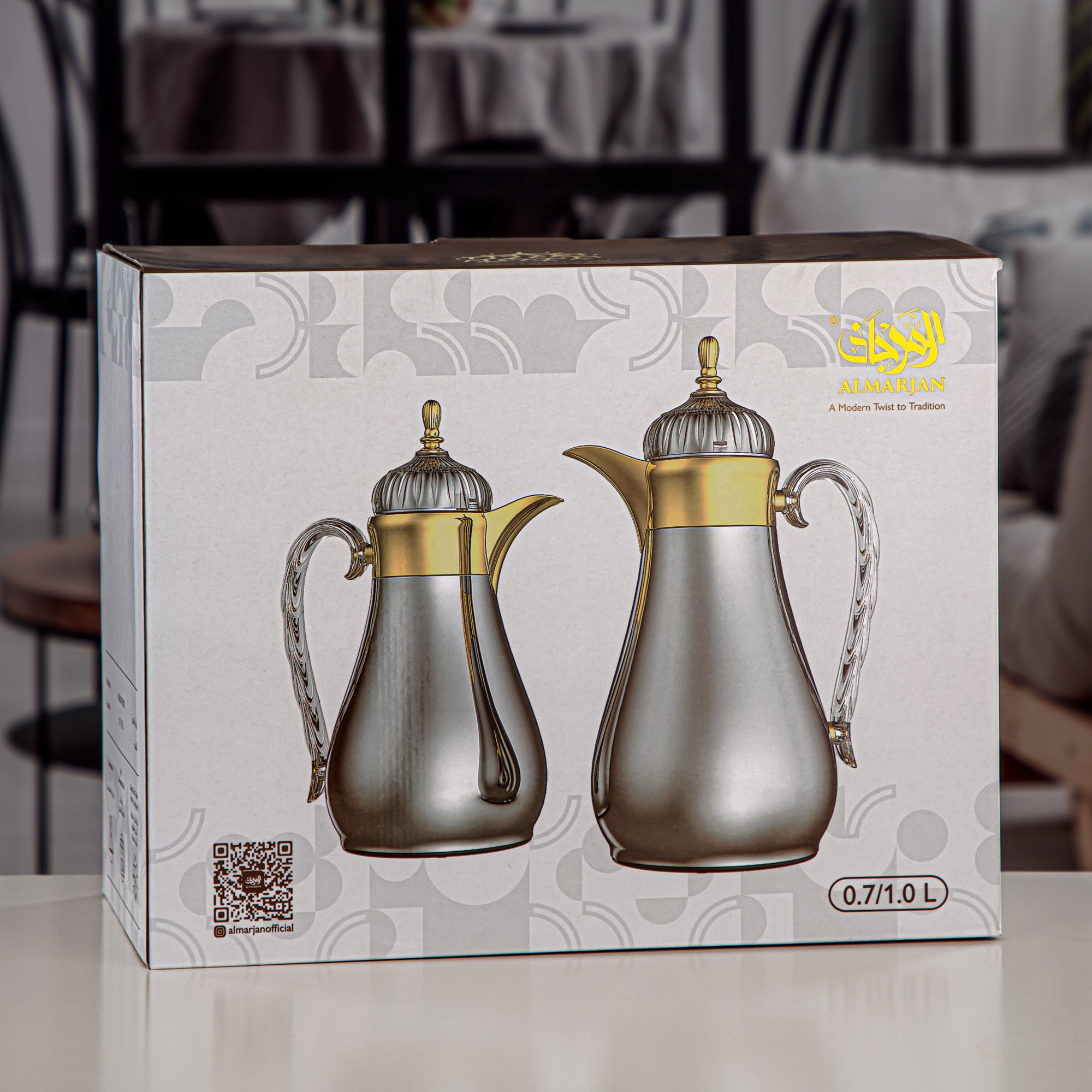 Almarjan Vacuum Flask Set, Push Button, 0.7L + 1L, Matt Silver & Transparent (FG810-070/100 MC/TR) - Elegant Vacuum Flask Sets