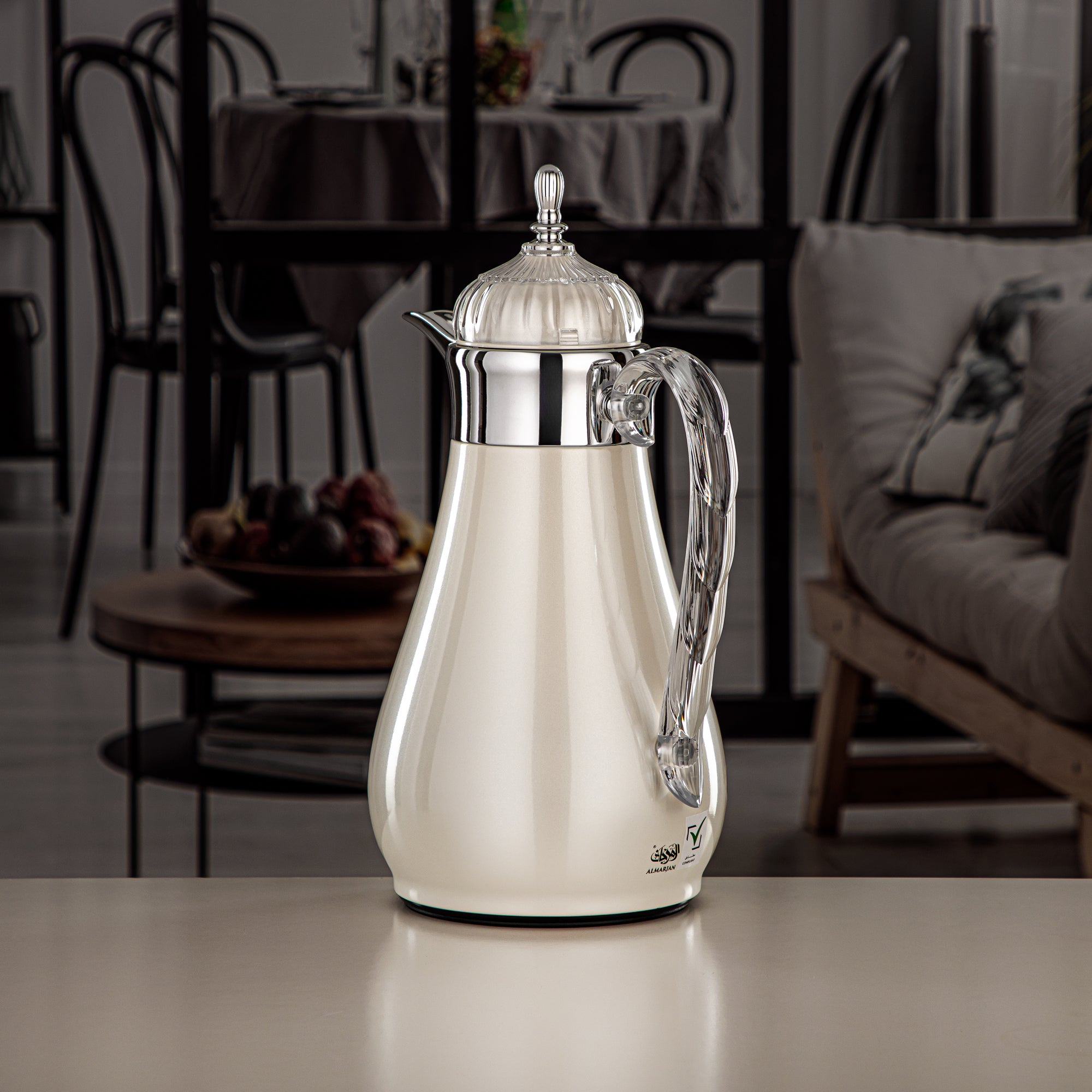 Almarjan Vacuum Flask Set, Push Button, 0.7L + 1L, Pearl White, Silver & Transparent (FG810-070/100 PW/C) - Elegant Vacuum Flask Sets