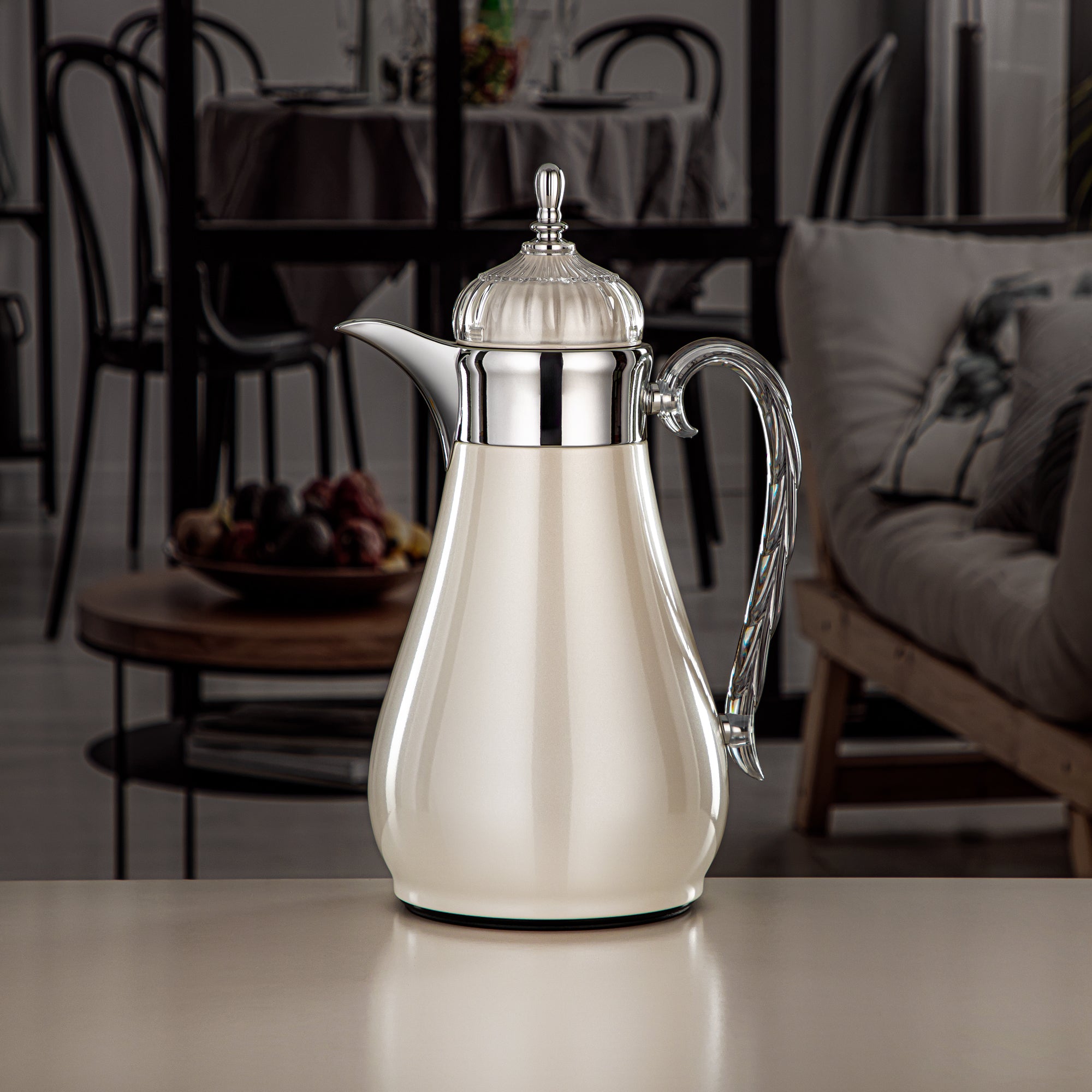 Almarjan Vacuum Flask Set, Push Button, 0.7L + 1L, Pearl White, Silver & Transparent (FG810-070/100 PW/C) - Elegant Vacuum Flask Sets