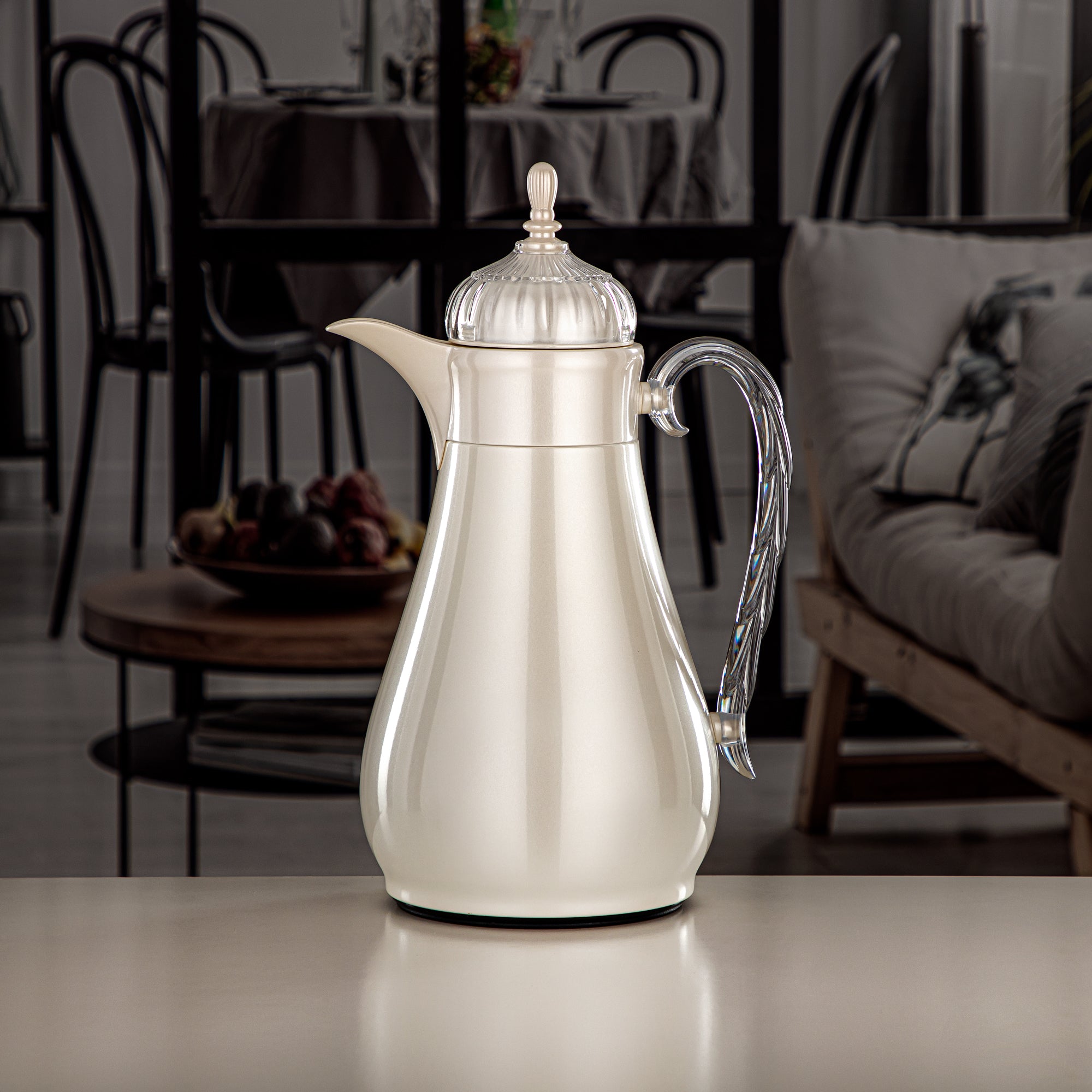 Almarjan Vacuum Flask Set, Push Button, 0.7L + 1L, Pearl White & Transparent (FG810-070/100 PW/TR) - Elegant Vacuum Flask Sets