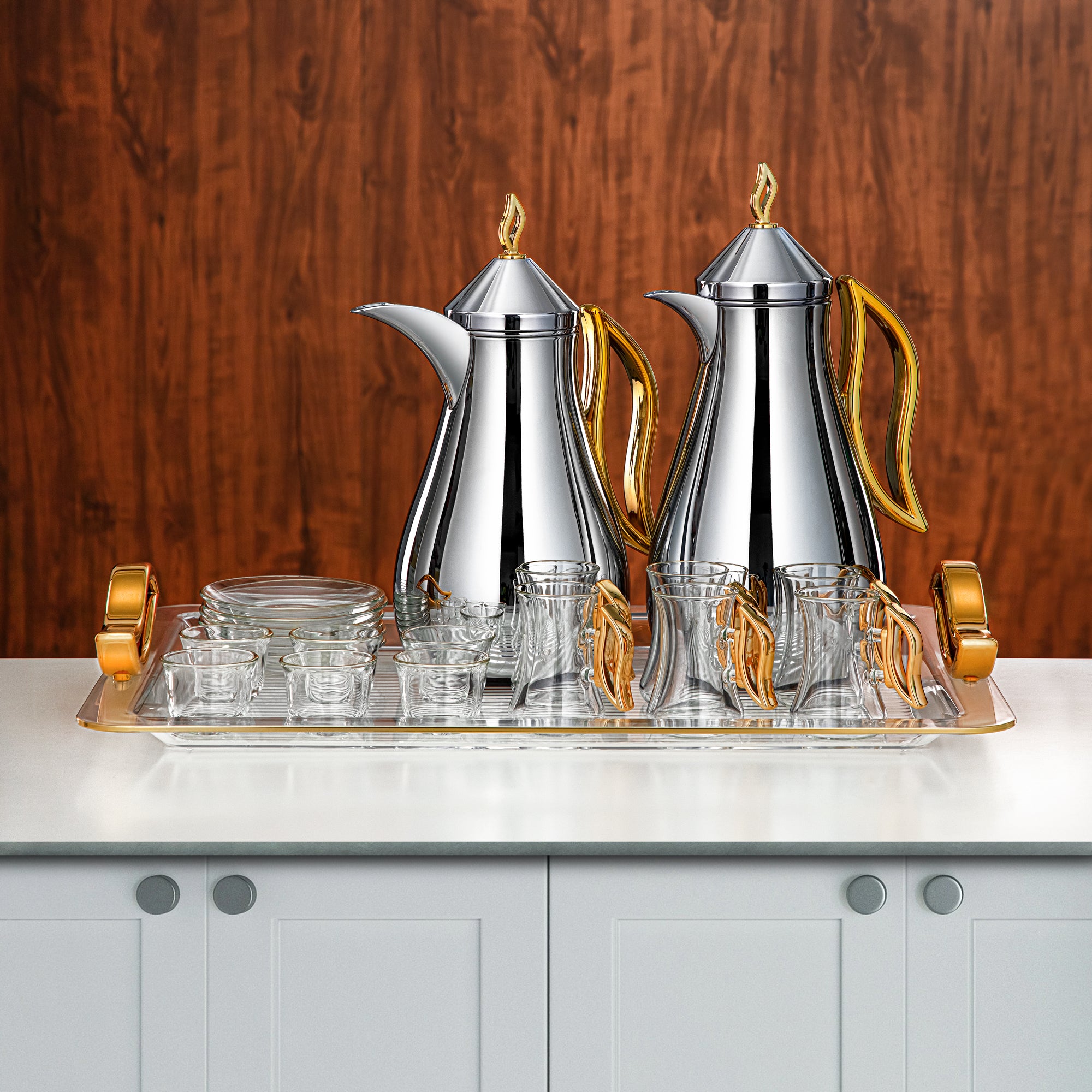 Almarjan Vacuum Flask Set Silver & Gold Handle 21 Pieces (0.7L + 1L) (FG811-21 C/G) – Elegant Serving | Ramadan & Gatherings