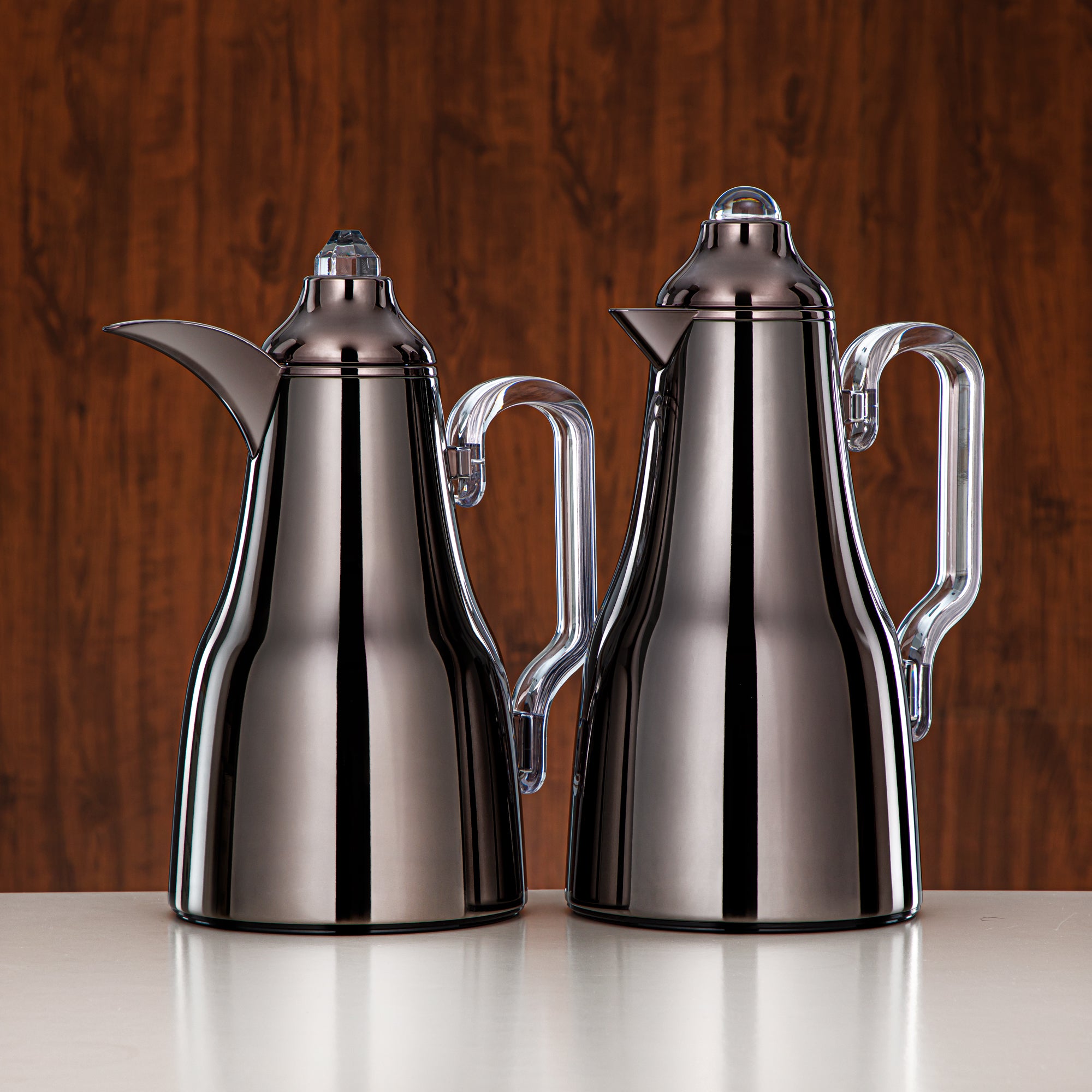 Almarjan Vacuum Flask Set Metal Body Gun Black with Transparent Handle & Knob 0.7L + 1L (FG814-070/100 GBL/TR) – Elegant Serving | Ramadan & Gatherings