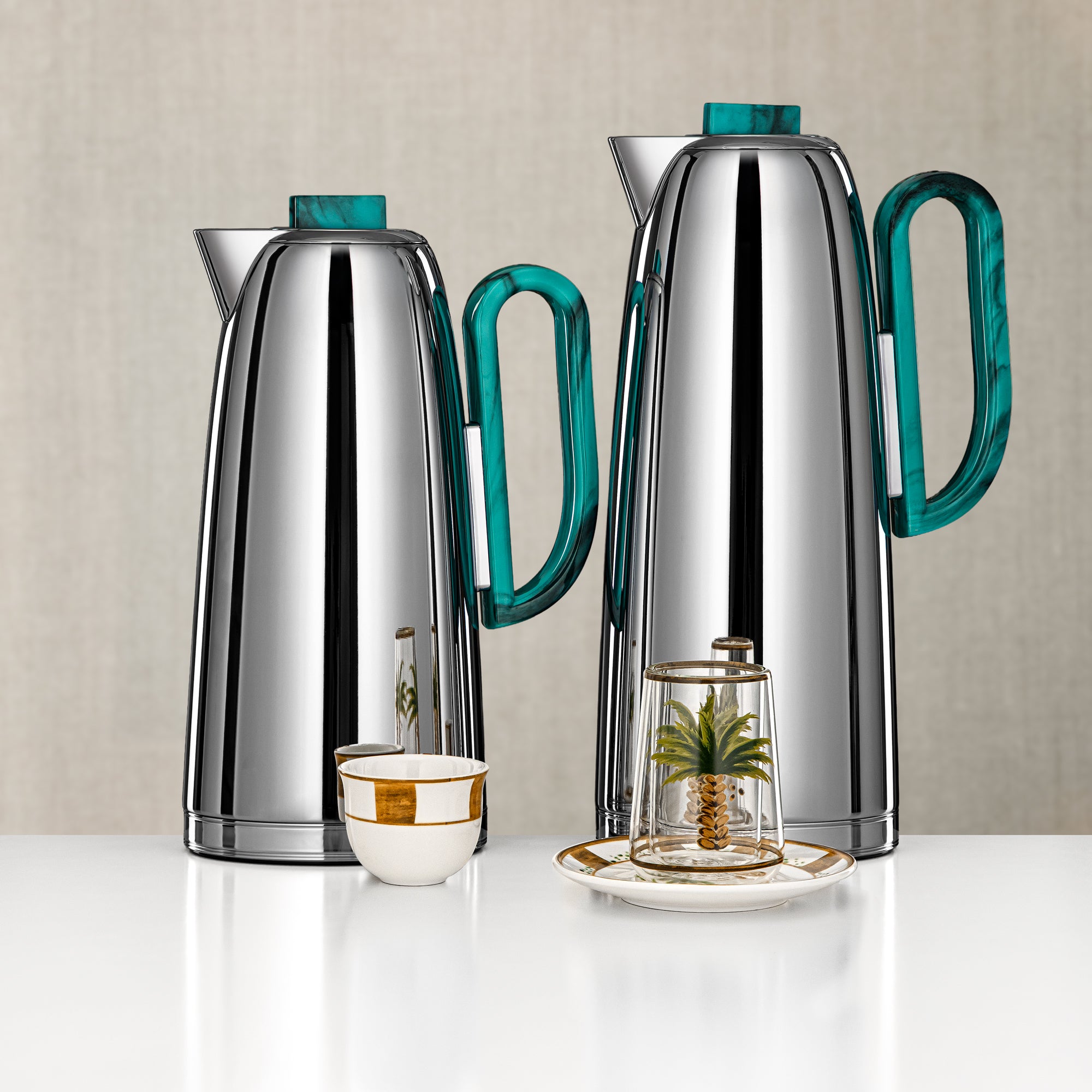 Almarjan Vacuum Flask & Tea Set 20 Pieces Silver with Turquoise Accents