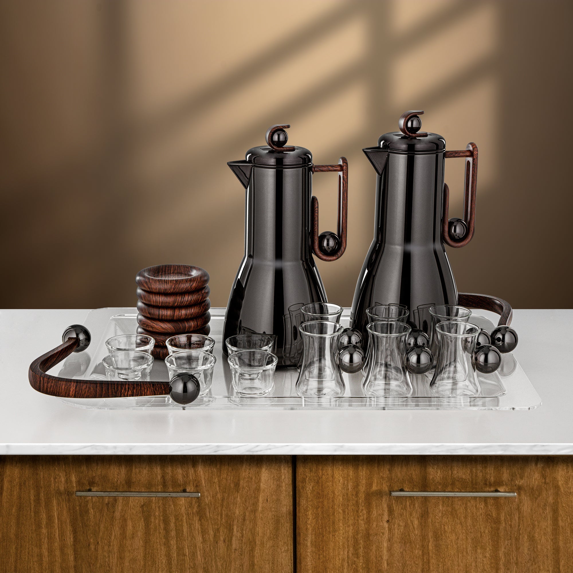 Almarjan Tea & Coffee Set 21 Pieces Gun Black & Dark Wood