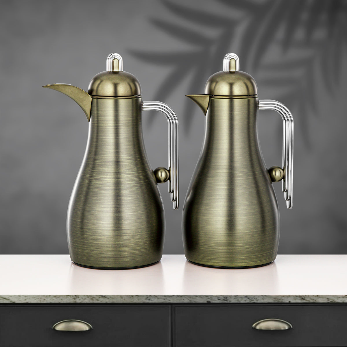 Almarjan 2 Pieces Vacuum Flask Set, Brushed Green & Silver
