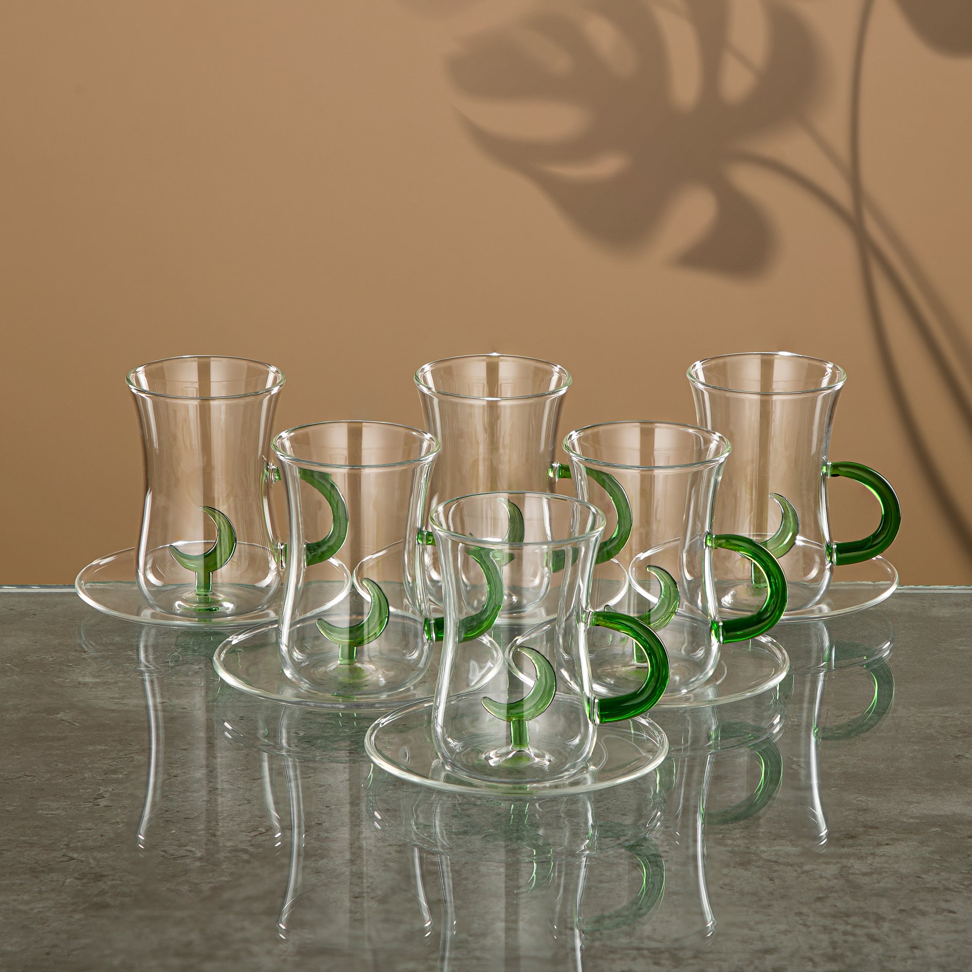 Almarjan Tea & Coffee Set 18 Pieces, Borosilicate Glass, Clear & Green (GLS0010172) - Moonrise Collection